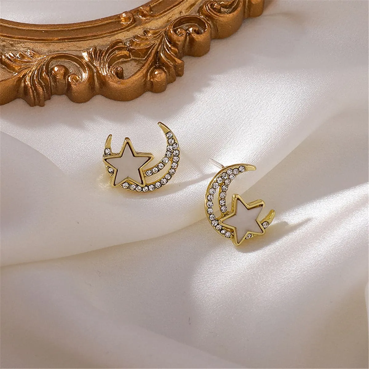 Cubic Zirconia & Acrylic Star Moon Stud Earrings
