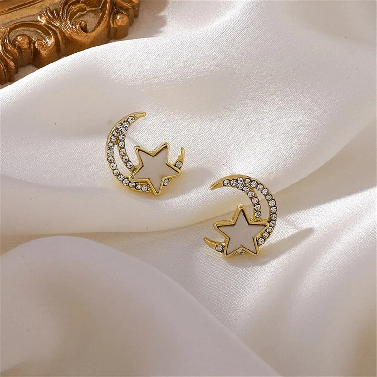 Cubic Zirconia & Acrylic Star Moon Stud Earrings