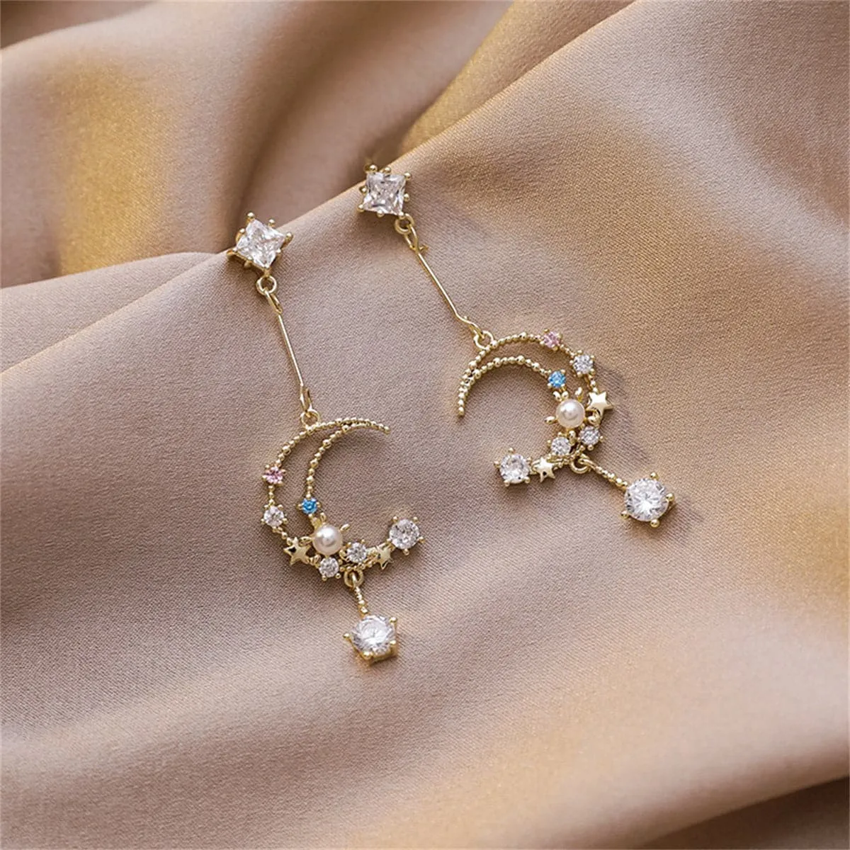 Cubic Zirconia & Pearl 18K Gold-Plated Celestial Drop Earrings