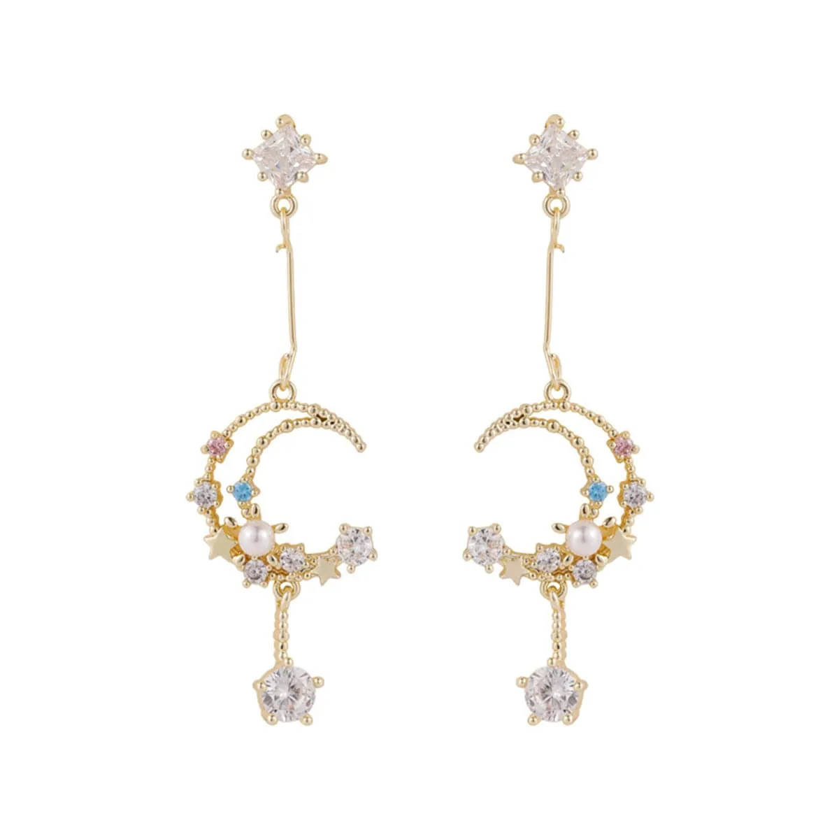 Cubic Zirconia & Pearl 18K Gold-Plated Celestial Drop Earrings