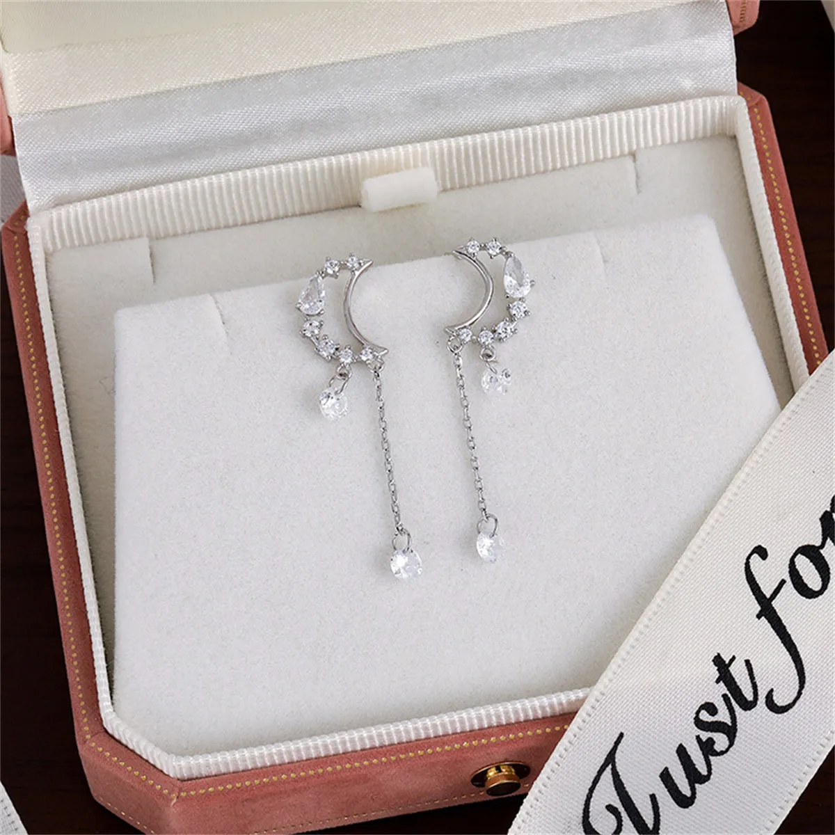 Cubic Zirconia & Silver-Plated Moon Drop Earrings