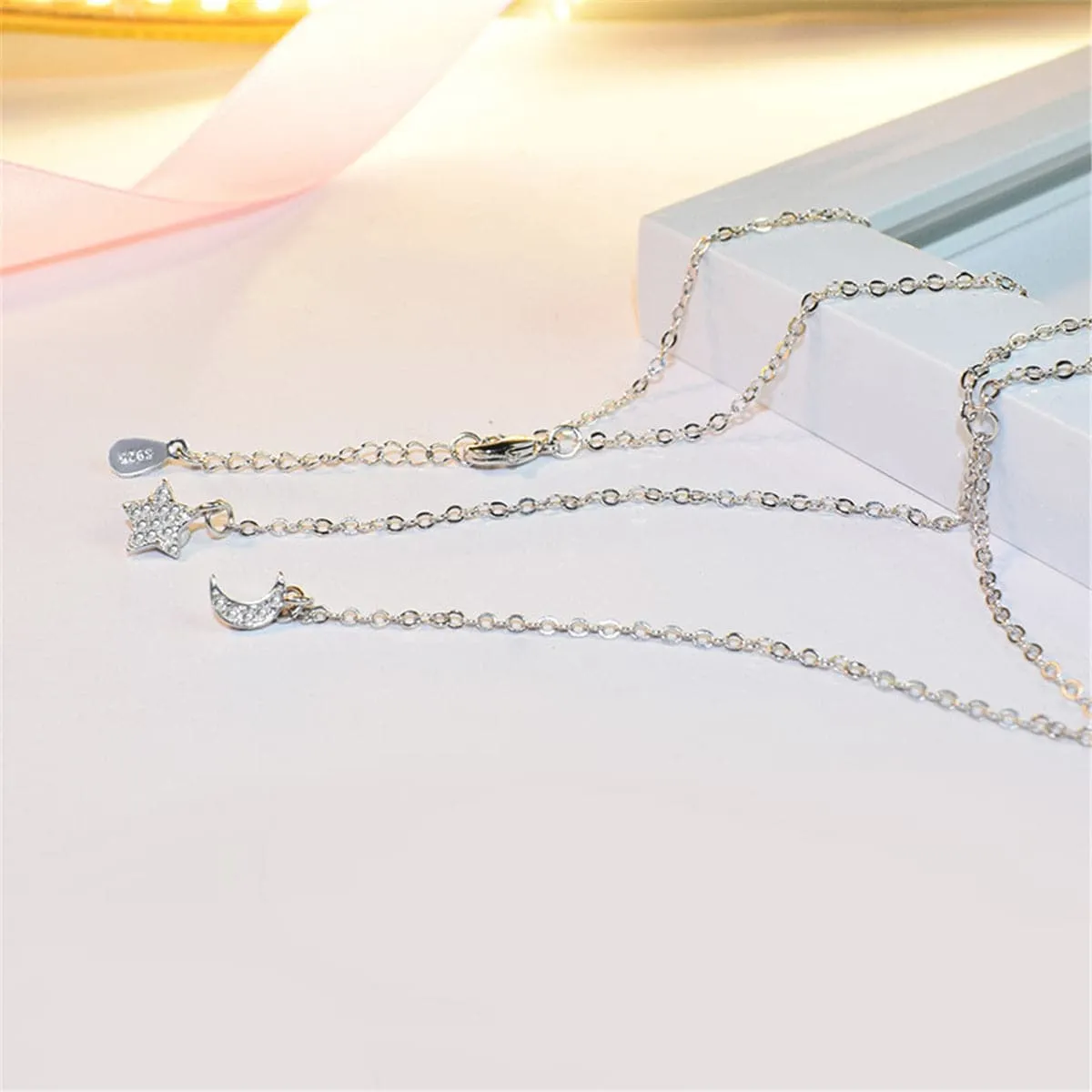 Cubic Zirconia & Silver-Plated Star & Moon Pendant Necklace