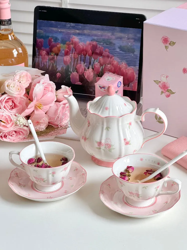 Cute Pink Rose Rabbit Ceramic Teapot Set