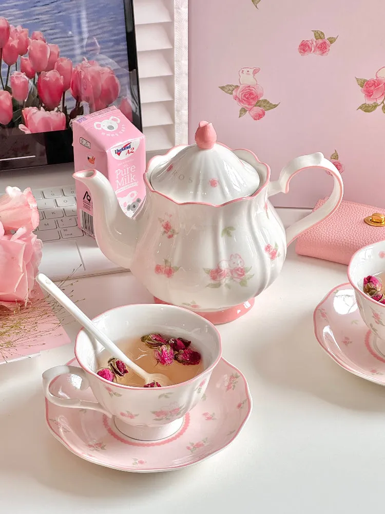 Cute Pink Rose Rabbit Ceramic Teapot Set