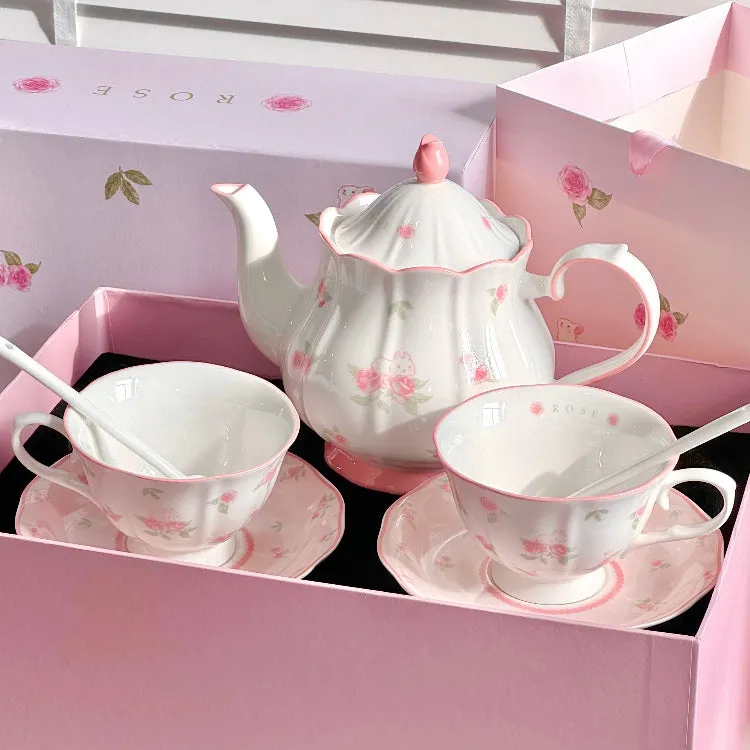 Cute Pink Rose Rabbit Ceramic Teapot Set