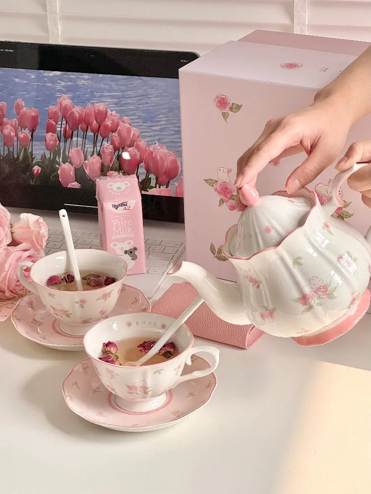Cute Pink Rose Rabbit Ceramic Teapot Set