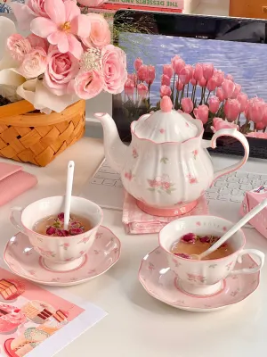Cute Pink Rose Rabbit Ceramic Teapot Set