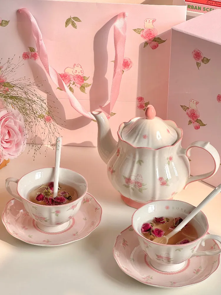 Cute Pink Rose Rabbit Ceramic Teapot Set