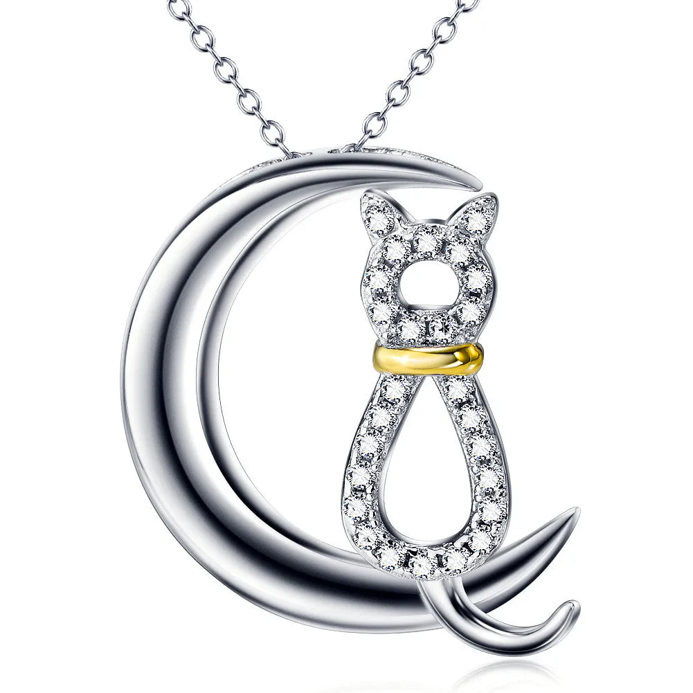Cutie Cat on Crescent Moon Pendant Necklace