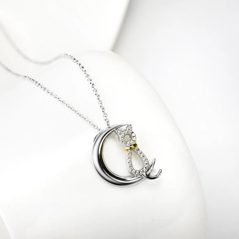 Cutie Cat on Crescent Moon Pendant Necklace
