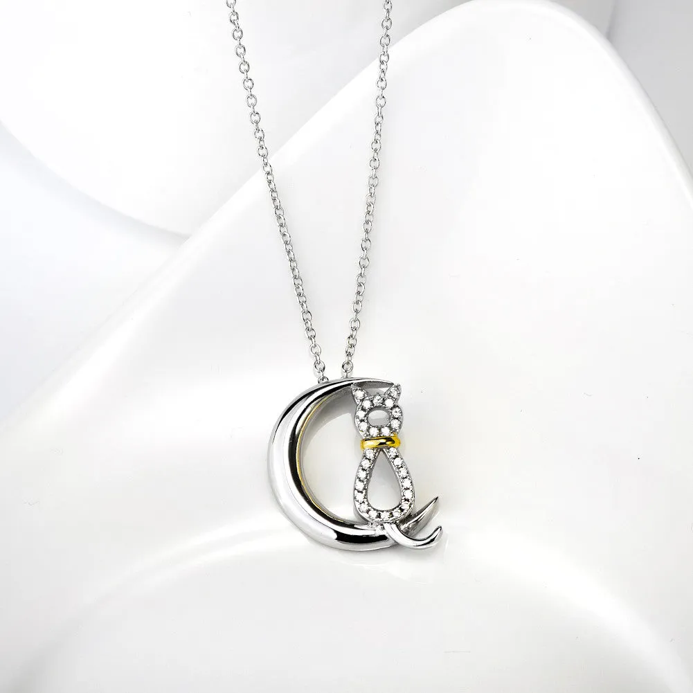 Cutie Cat on Crescent Moon Pendant Necklace