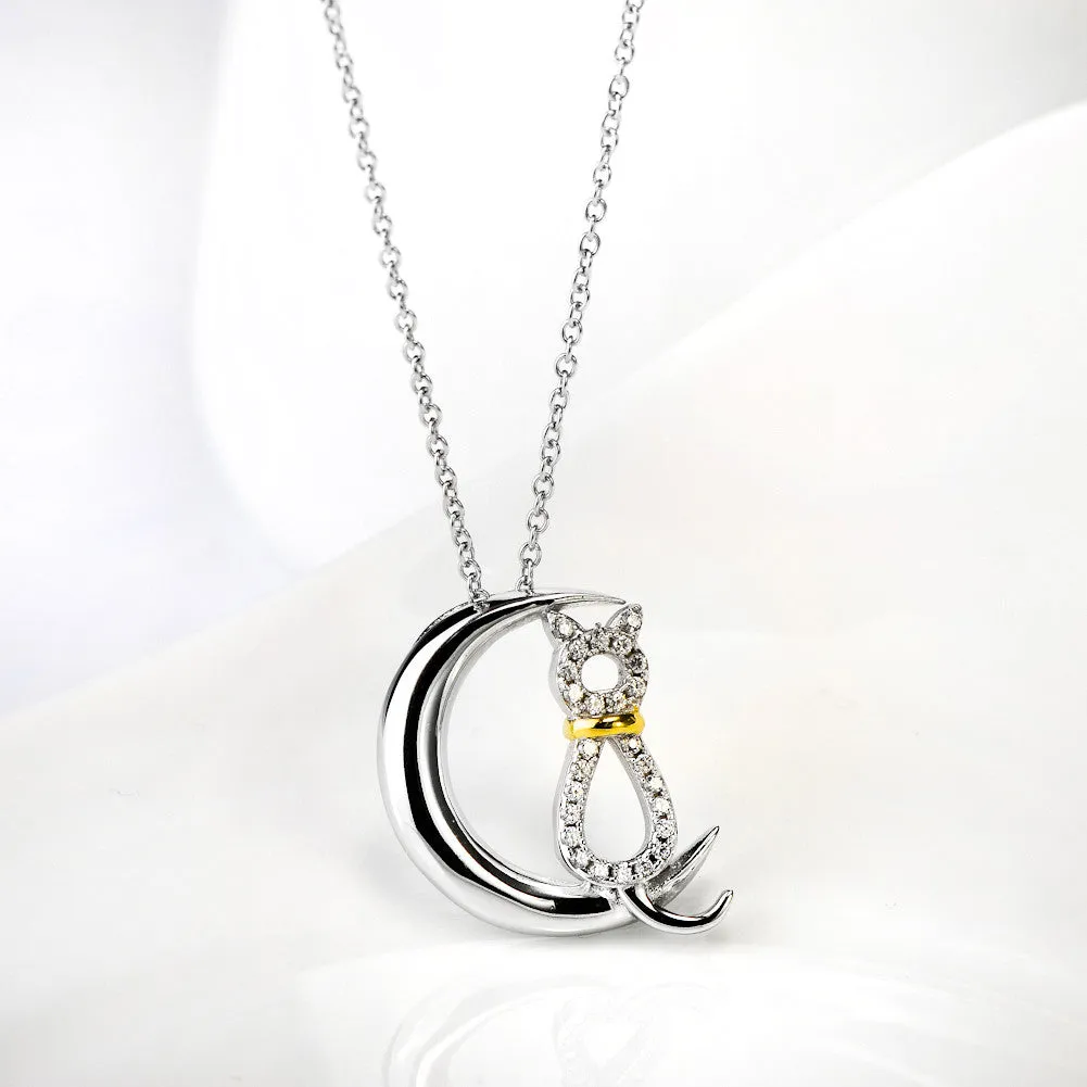 Cutie Cat on Crescent Moon Pendant Necklace