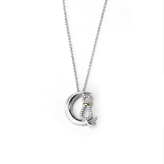 Cutie Cat on Crescent Moon Pendant Necklace
