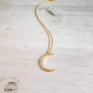 CZ Moon Necklace - thin celestial crescent moon pendant on fine delicate 14K gold plate chain, tiny cubic zirconia stone charms