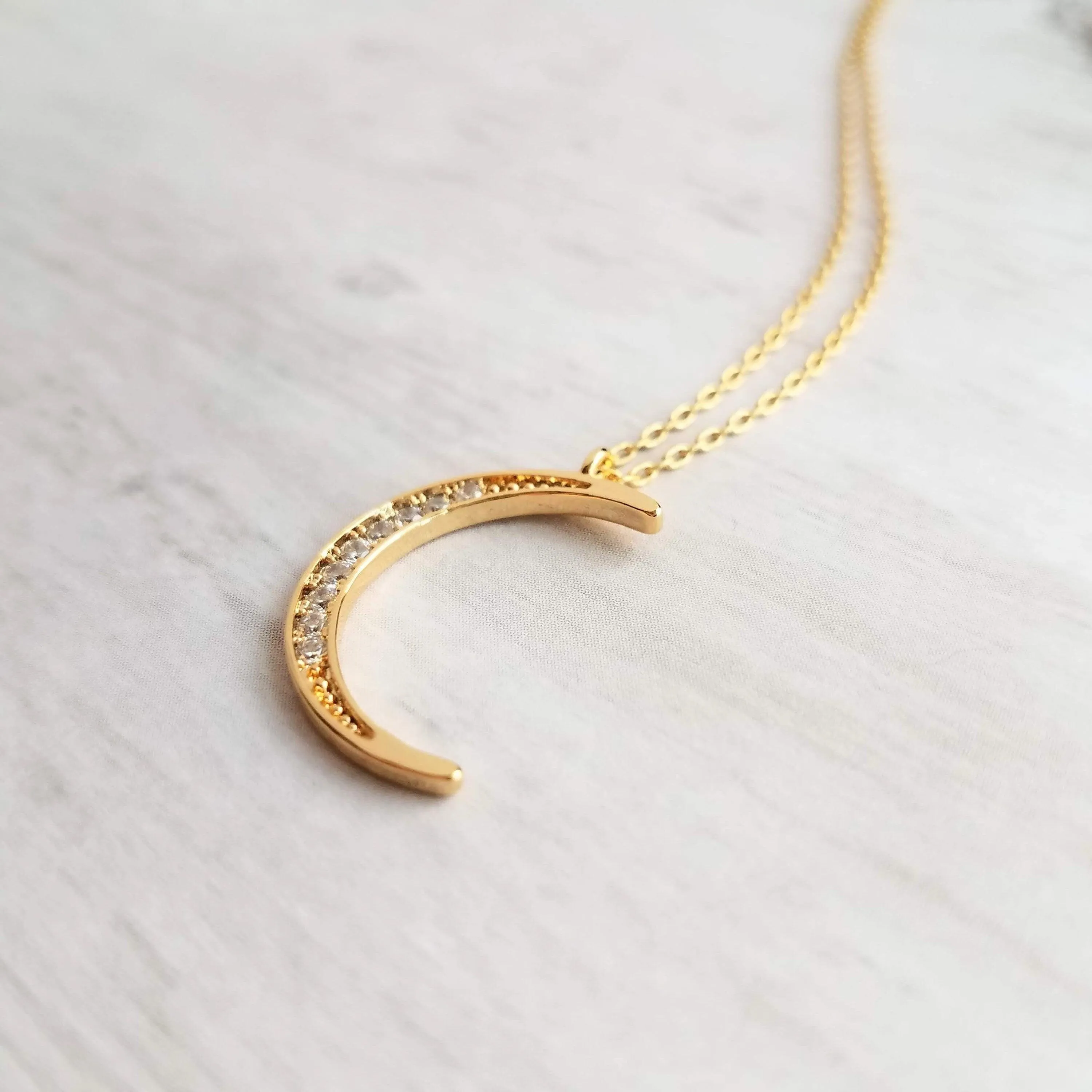 CZ Moon Necklace - thin celestial crescent moon pendant on fine delicate 14K gold plate chain, tiny cubic zirconia stone charms