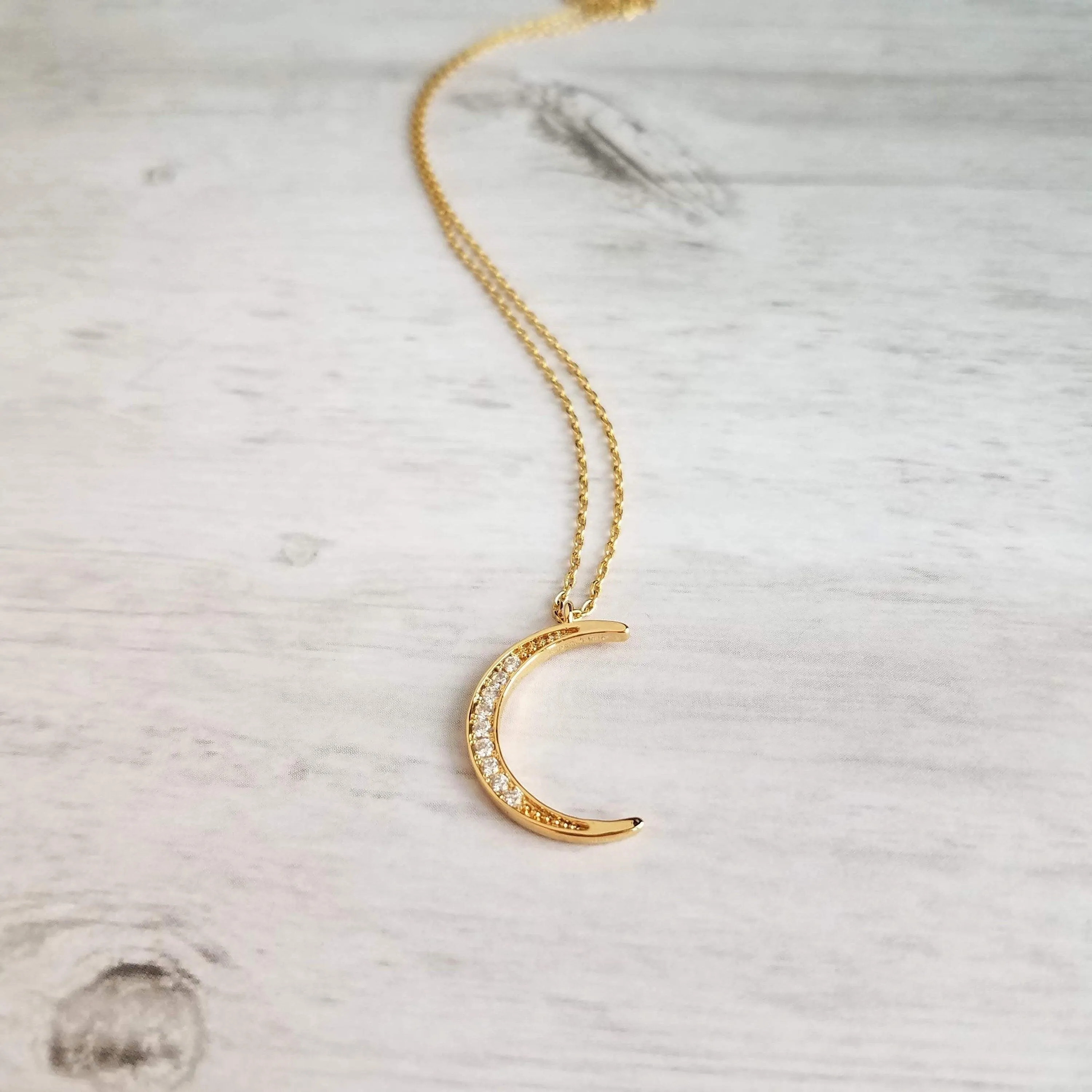 CZ Moon Necklace - thin celestial crescent moon pendant on fine delicate 14K gold plate chain, tiny cubic zirconia stone charms