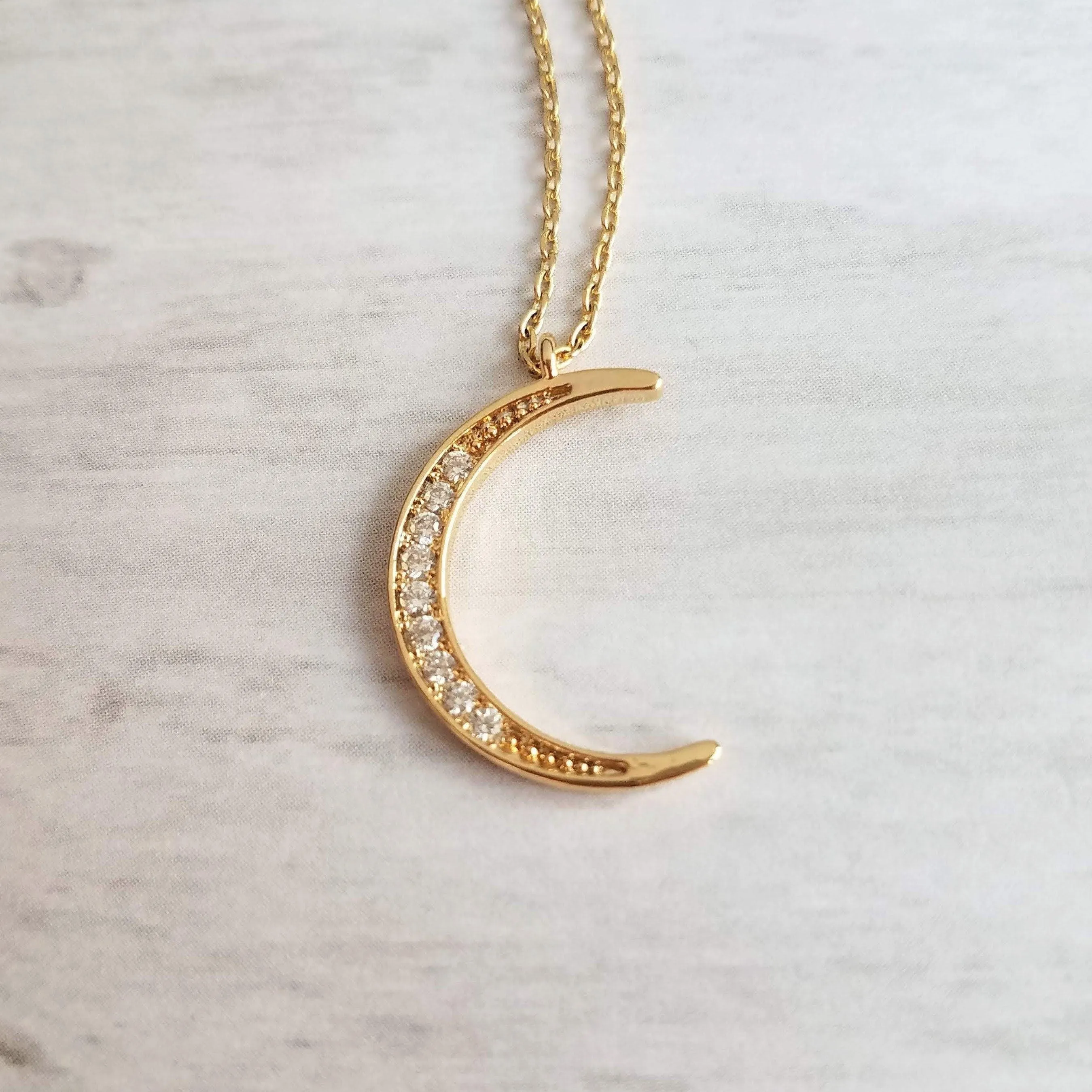CZ Moon Necklace - thin celestial crescent moon pendant on fine delicate 14K gold plate chain, tiny cubic zirconia stone charms