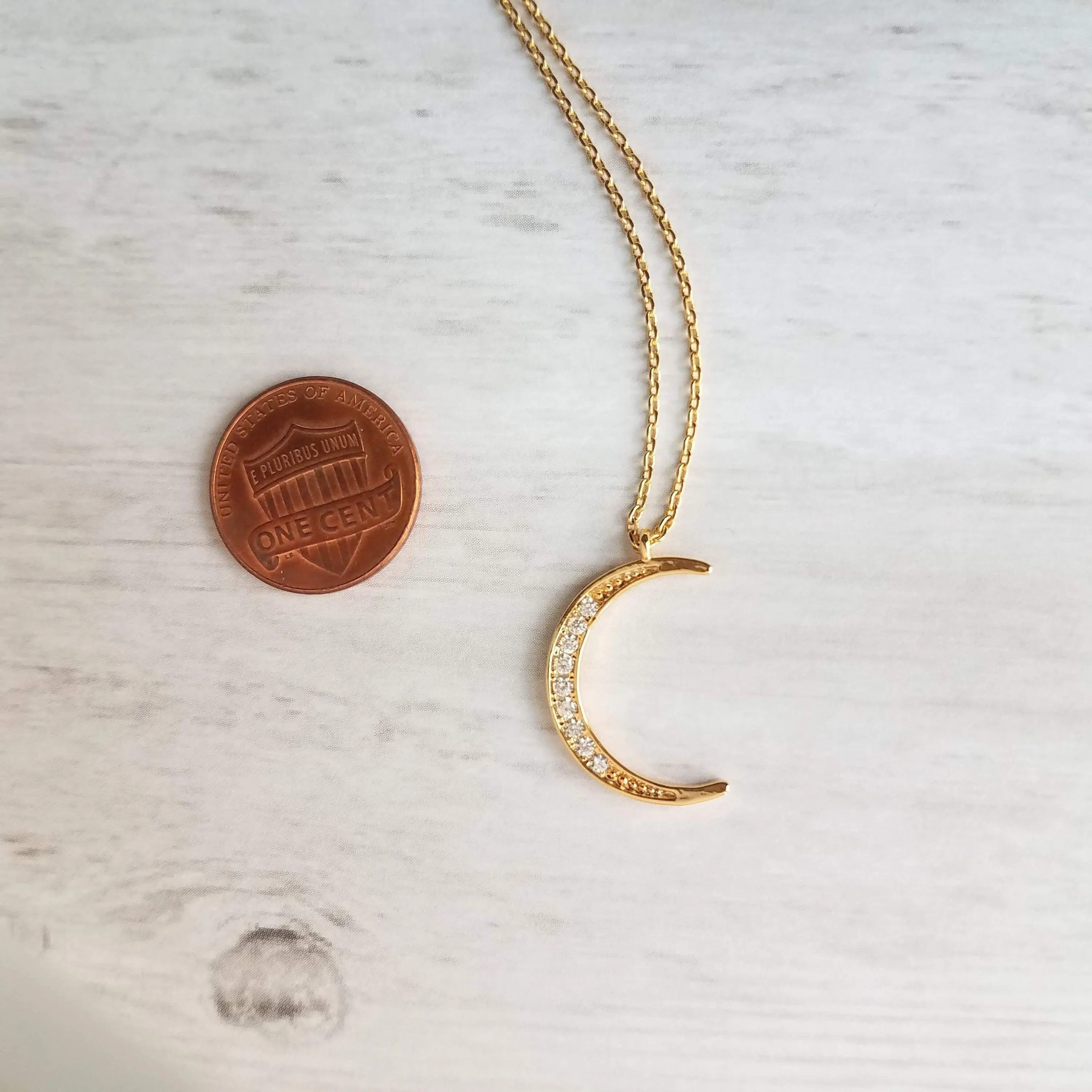 CZ Moon Necklace - thin celestial crescent moon pendant on fine delicate 14K gold plate chain, tiny cubic zirconia stone charms
