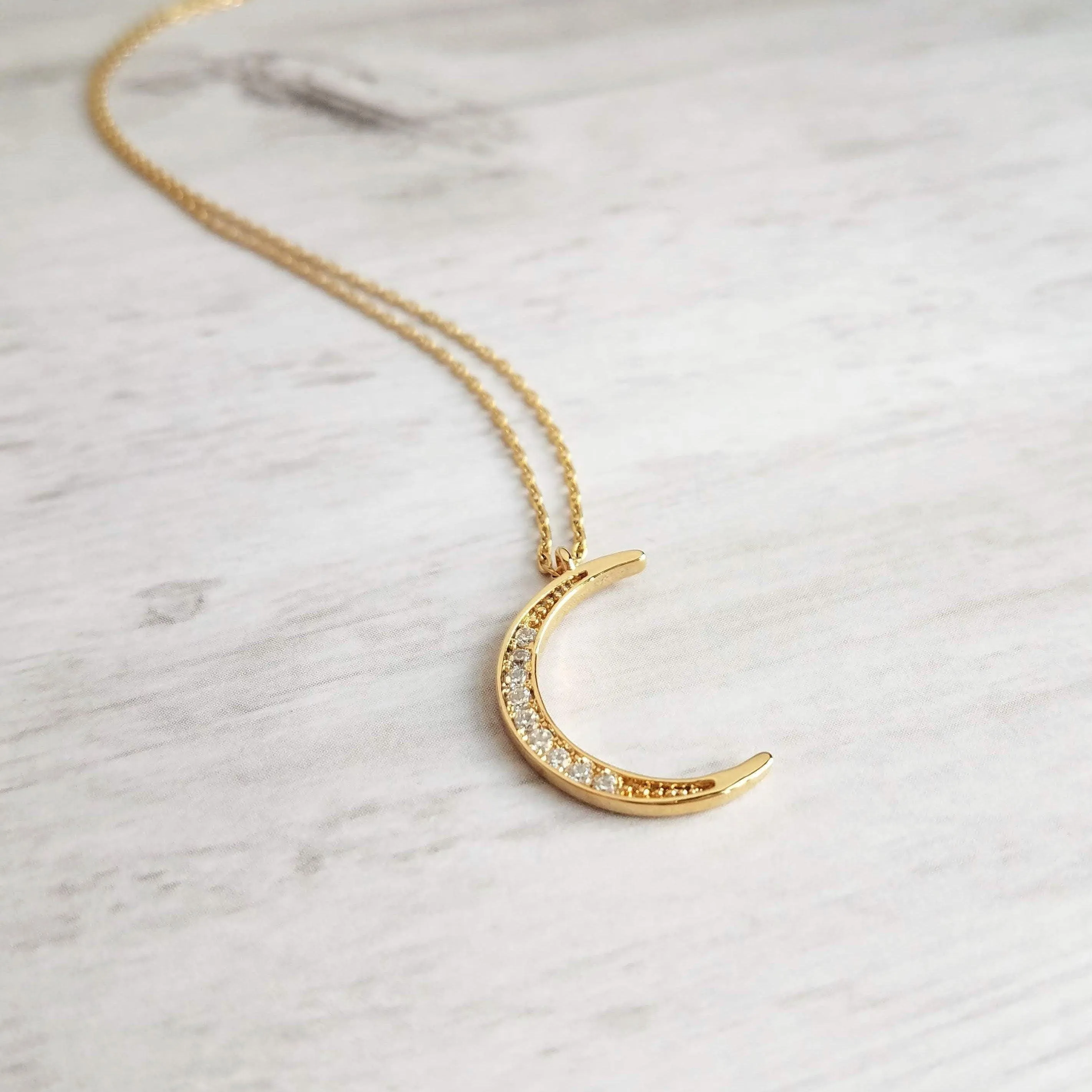 CZ Moon Necklace - thin celestial crescent moon pendant on fine delicate 14K gold plate chain, tiny cubic zirconia stone charms