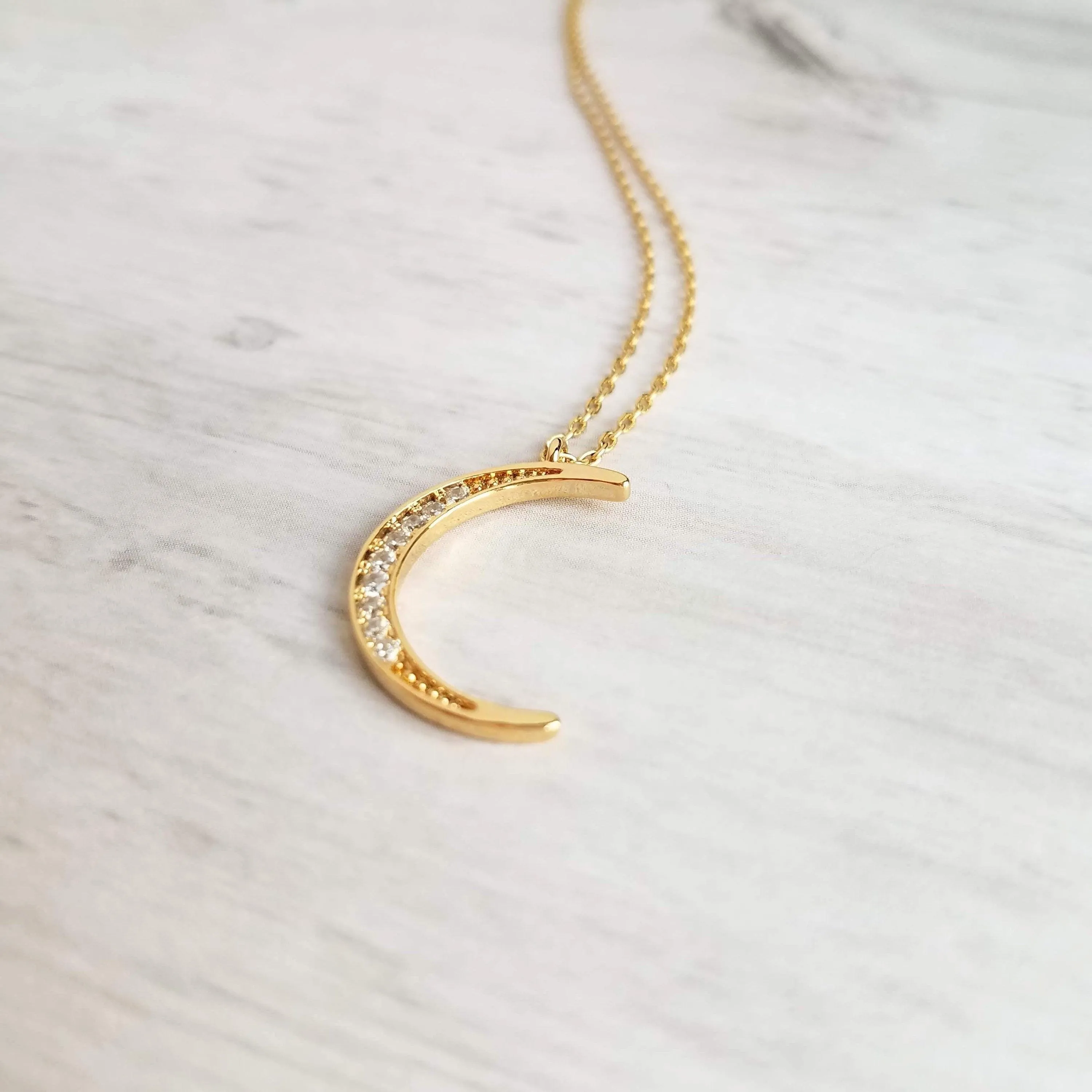 CZ Moon Necklace - thin celestial crescent moon pendant on fine delicate 14K gold plate chain, tiny cubic zirconia stone charms