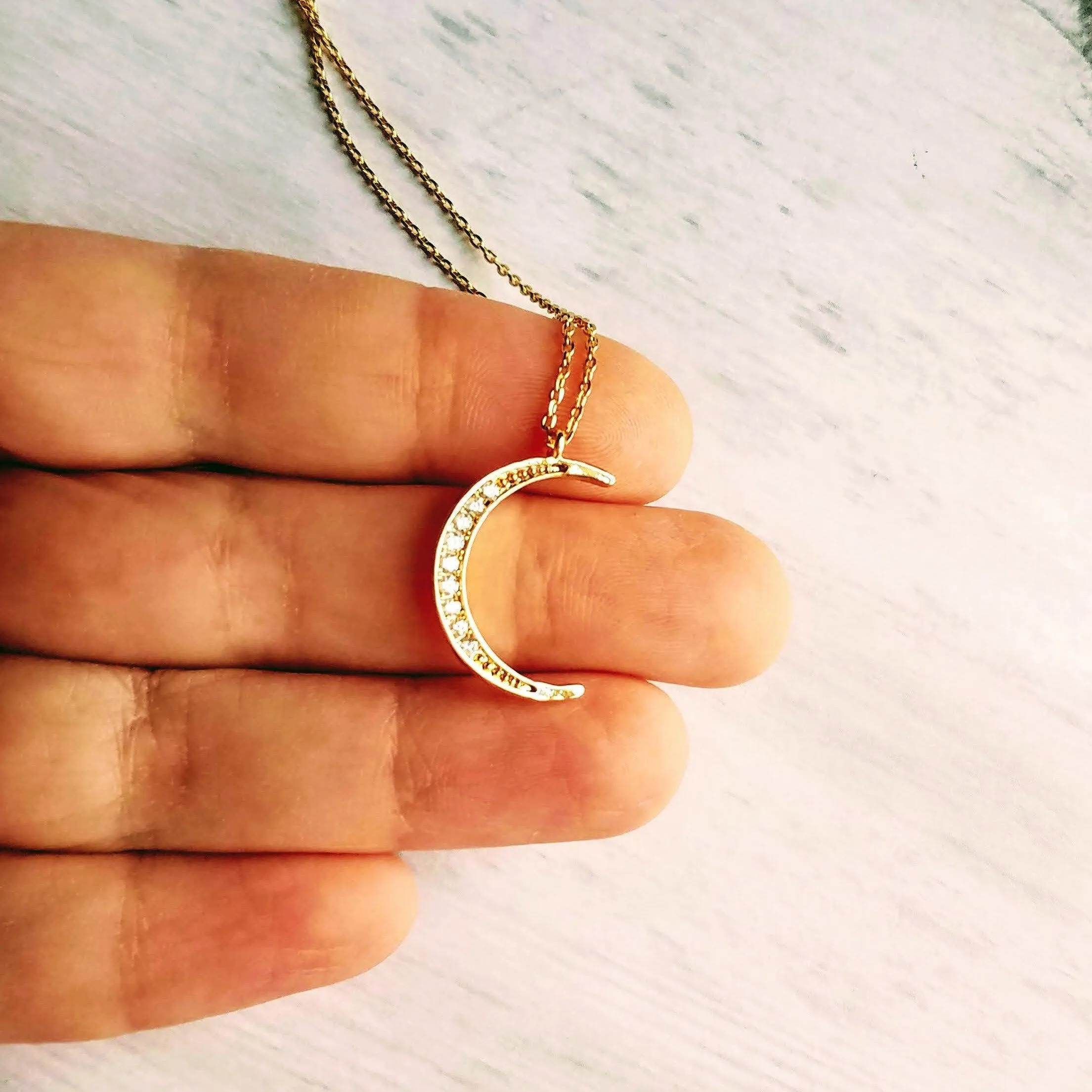 CZ Moon Necklace - thin celestial crescent moon pendant on fine delicate 14K gold plate chain, tiny cubic zirconia stone charms