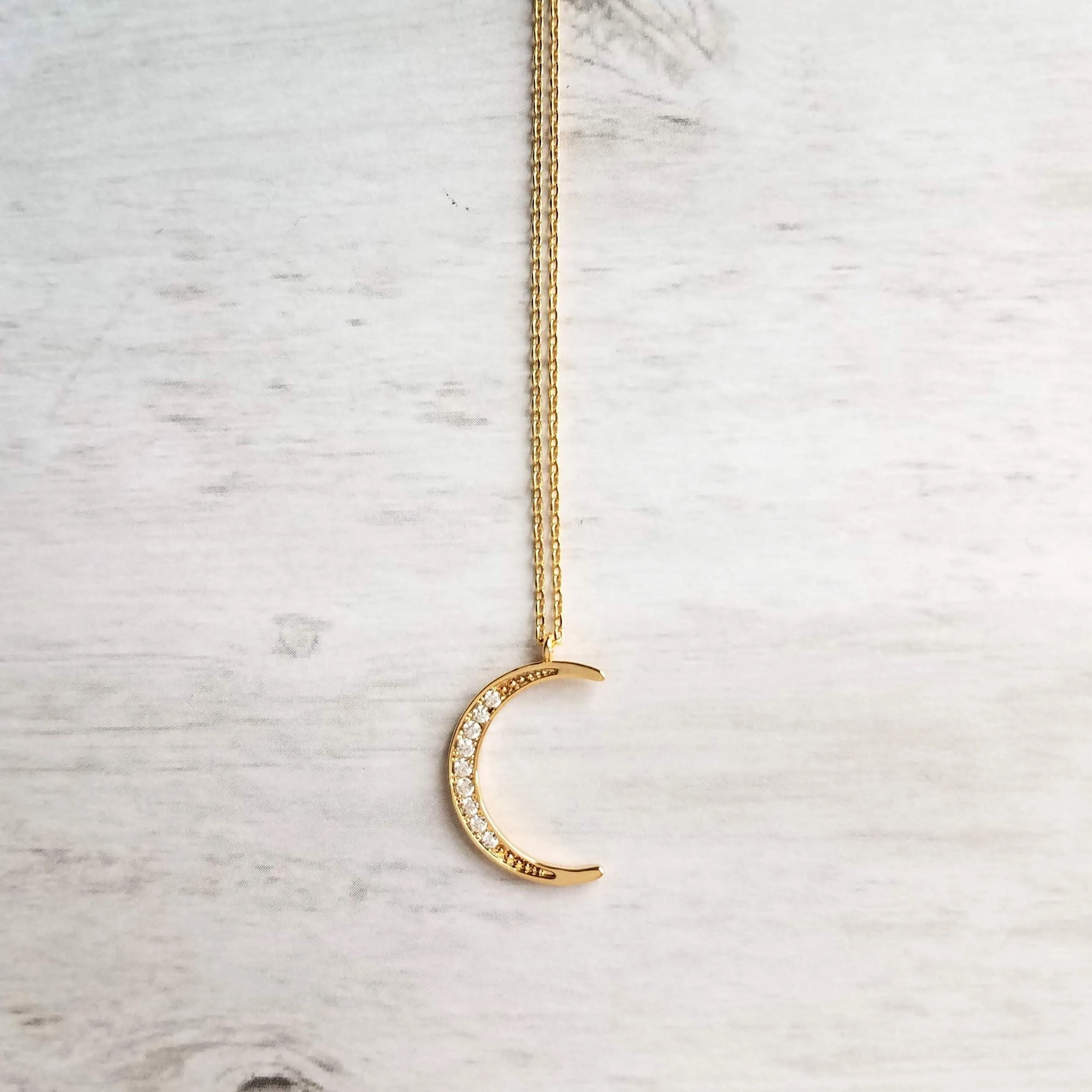 CZ Moon Necklace - thin celestial crescent moon pendant on fine delicate 14K gold plate chain, tiny cubic zirconia stone charms