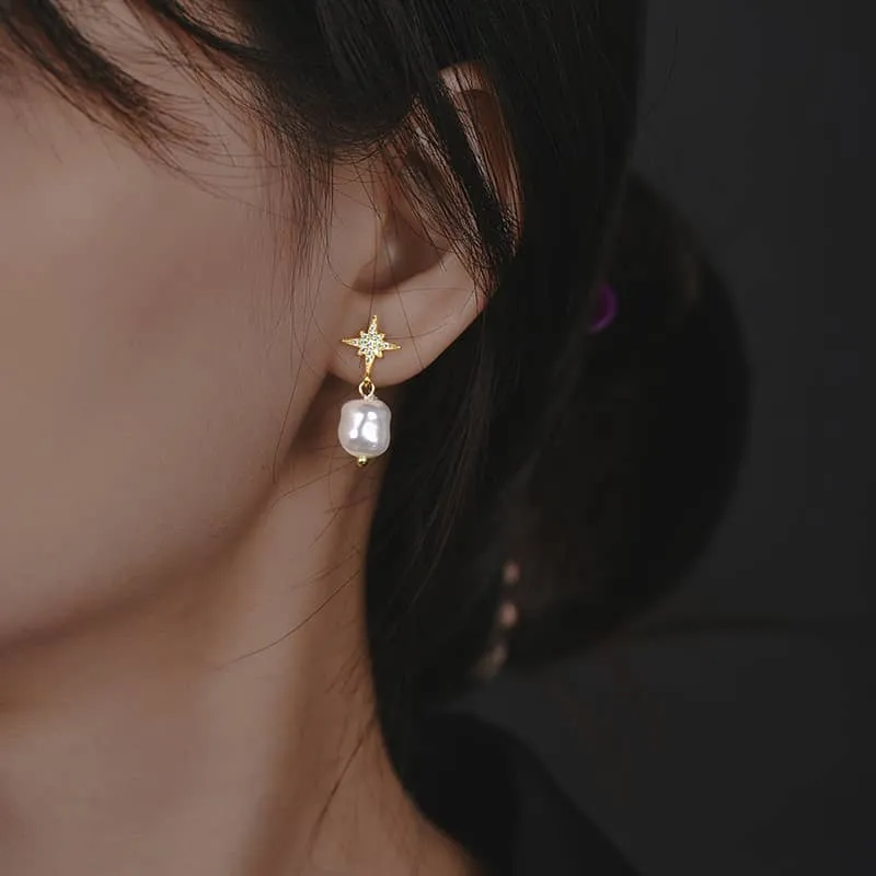 CZ Star Moon Baroque Pearl Drop Earrings - Silver or Gold
