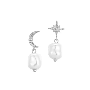 CZ Star Moon Baroque Pearl Drop Earrings - Silver or Gold