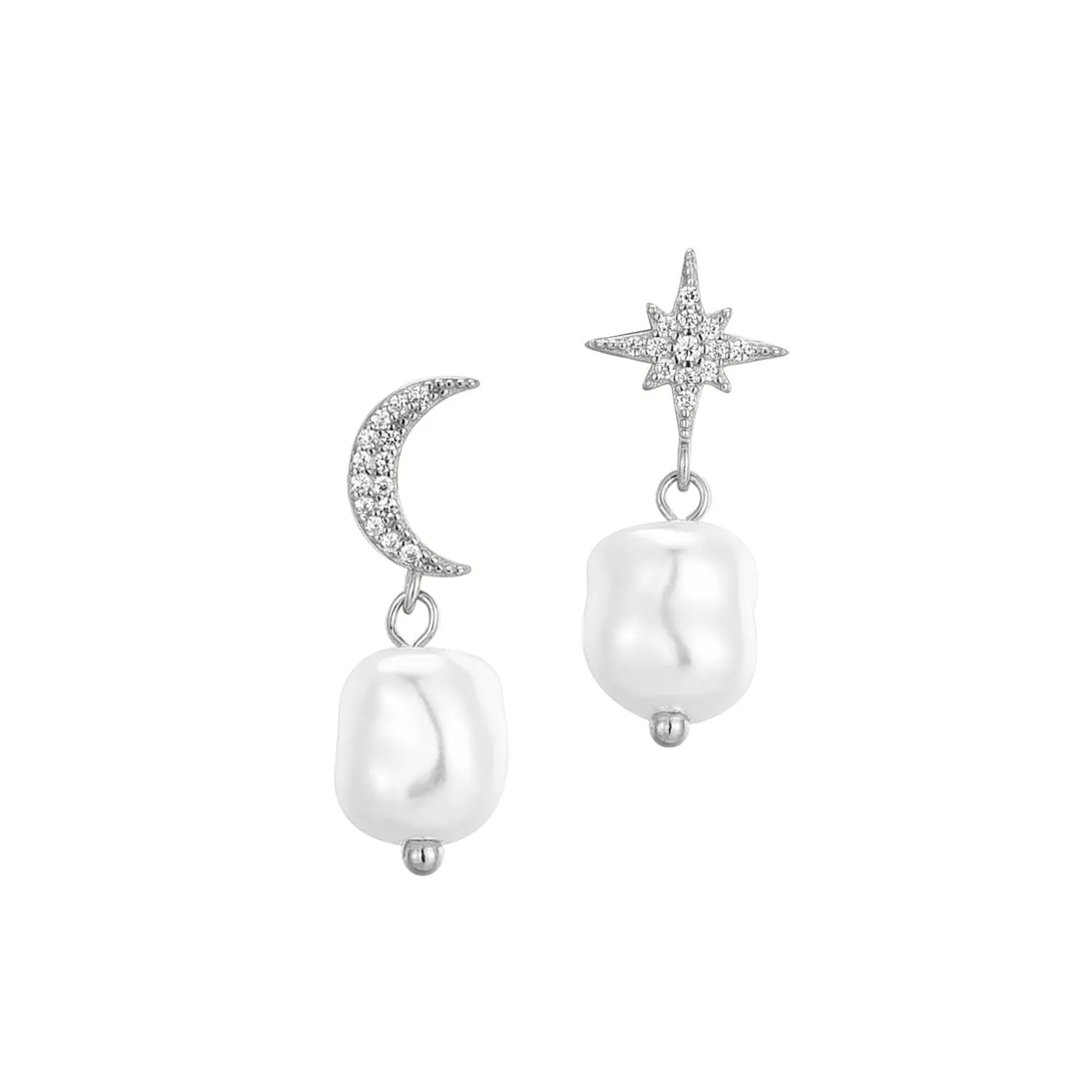 CZ Star Moon Baroque Pearl Drop Earrings - Silver or Gold