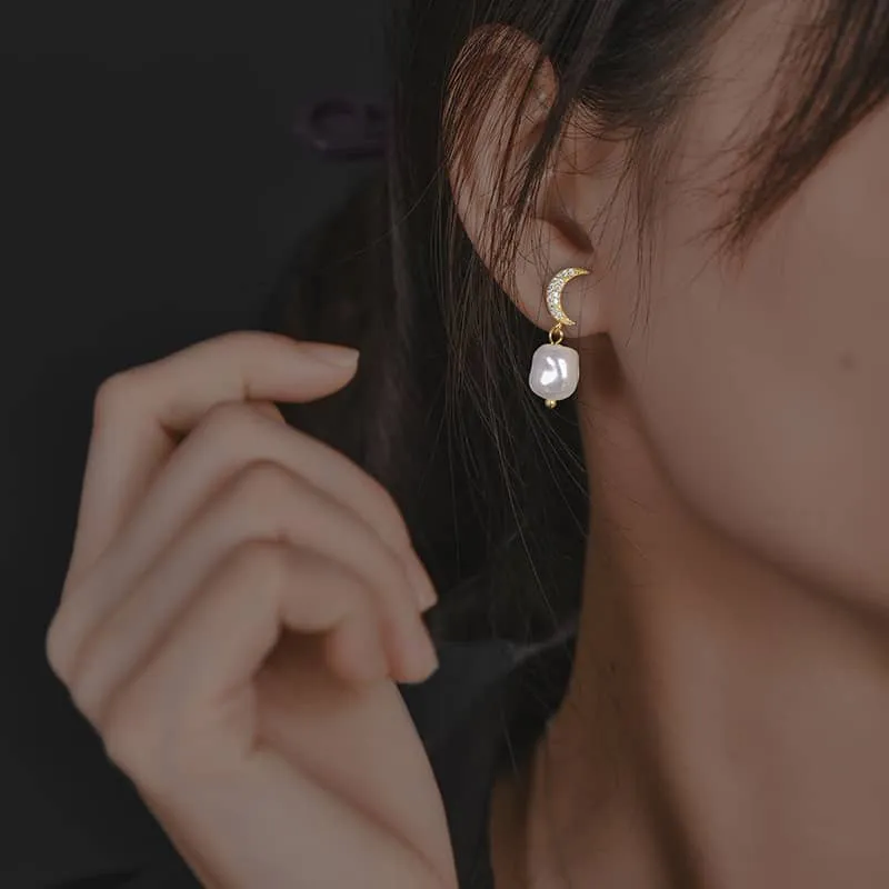 CZ Star Moon Baroque Pearl Drop Earrings - Silver or Gold