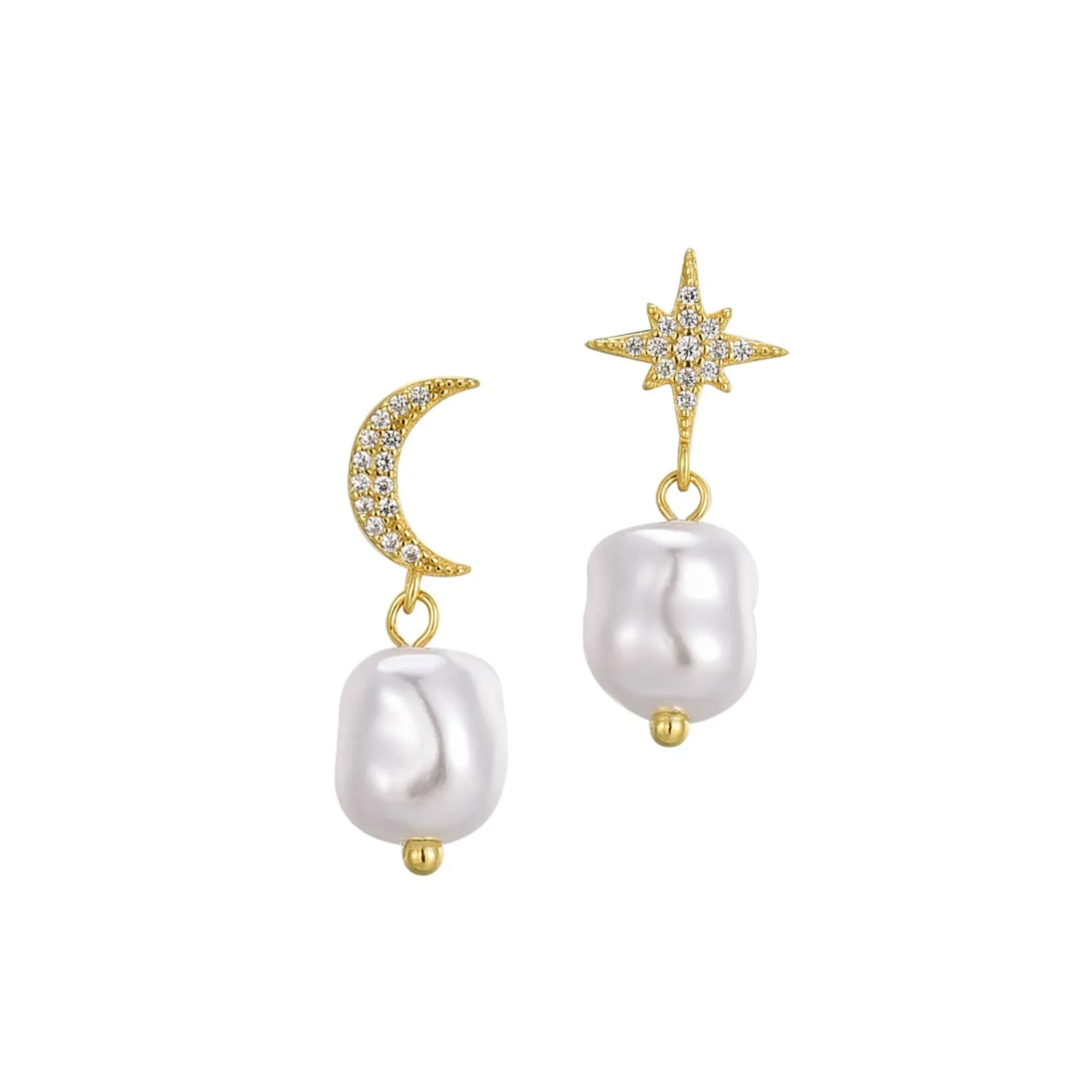 CZ Star Moon Baroque Pearl Drop Earrings - Silver or Gold