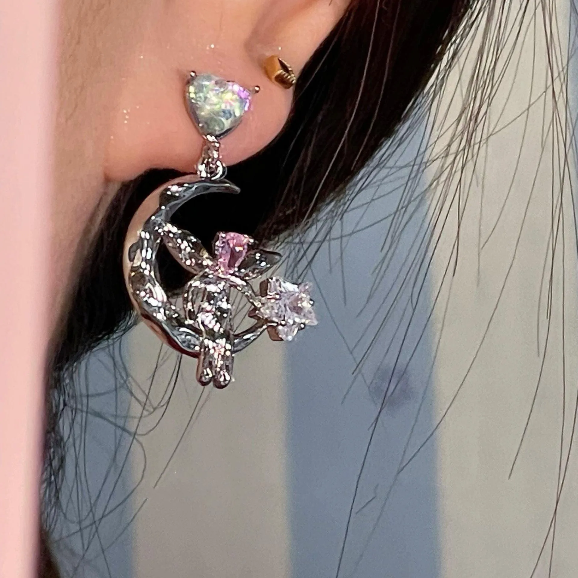 Dainty CZ Inlaid Heart Dangling Moon Star Elf Earrings