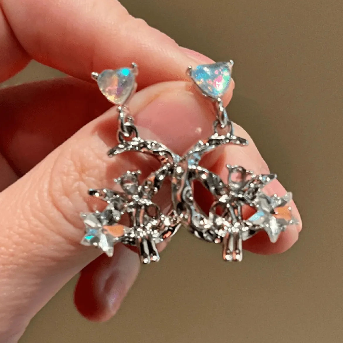 Dainty CZ Inlaid Heart Dangling Moon Star Elf Earrings