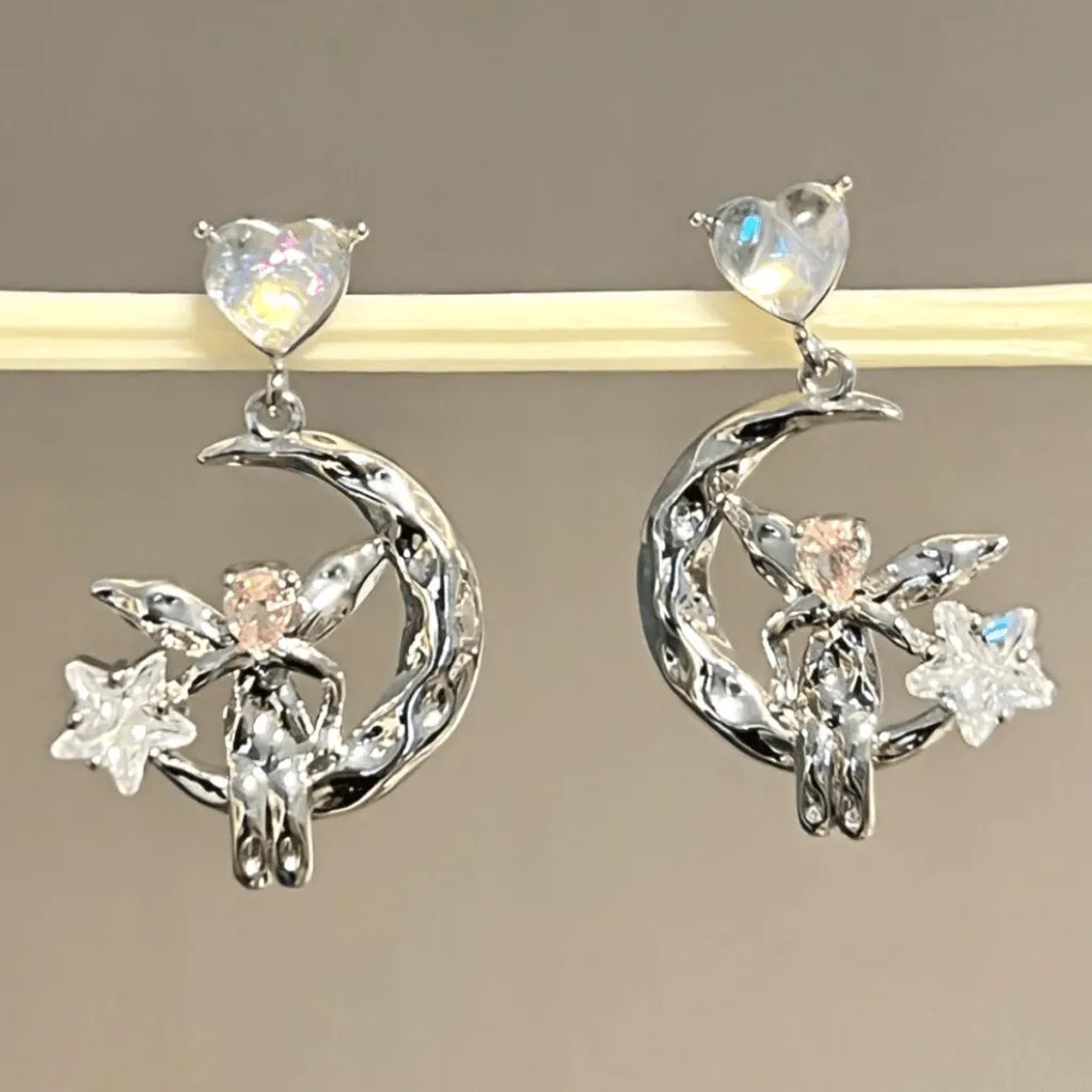 Dainty CZ Inlaid Heart Dangling Moon Star Elf Earrings