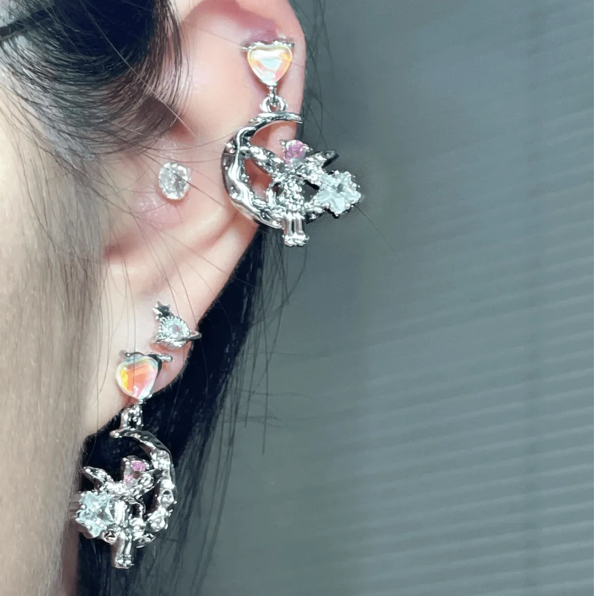 Dainty CZ Inlaid Heart Dangling Moon Star Elf Earrings