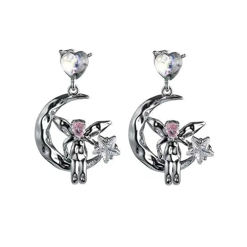 Dainty CZ Inlaid Heart Dangling Moon Star Elf Earrings