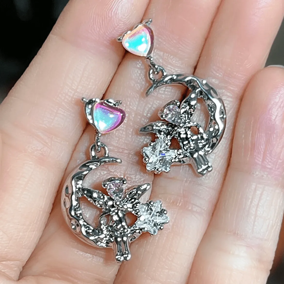Dainty CZ Inlaid Heart Dangling Moon Star Elf Earrings