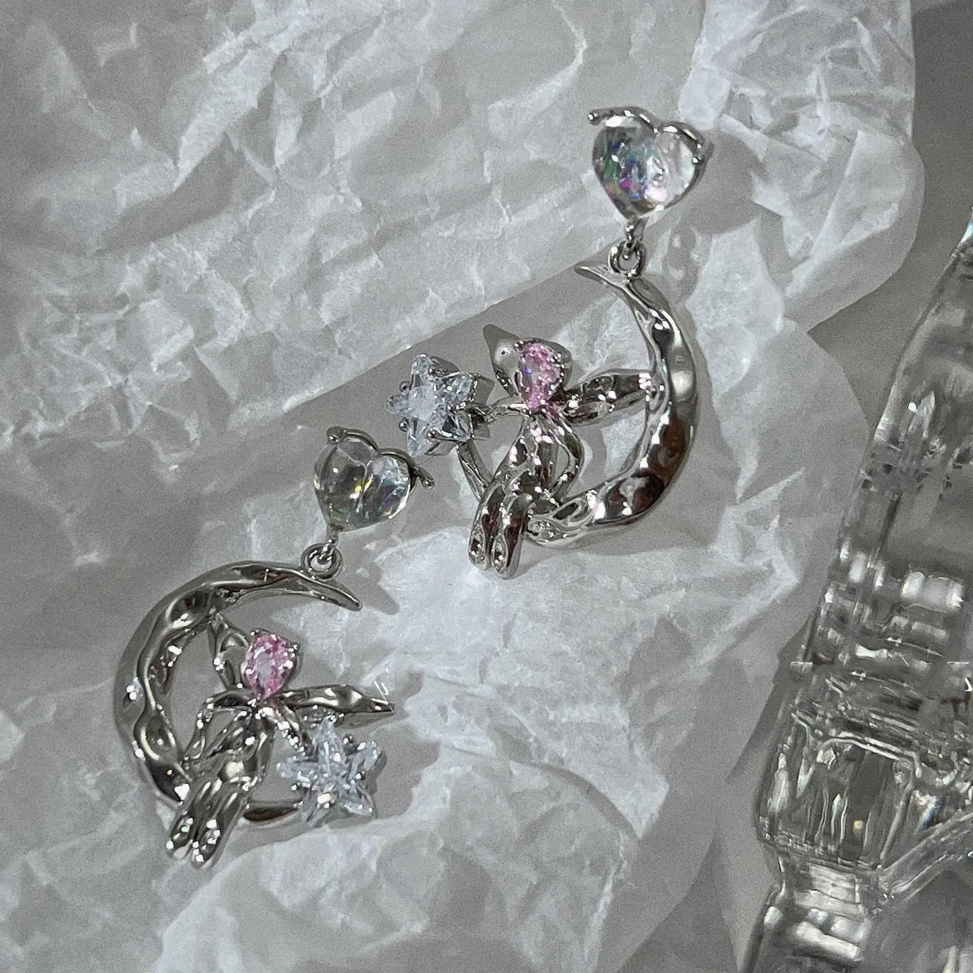 Dainty CZ Inlaid Heart Dangling Moon Star Elf Earrings