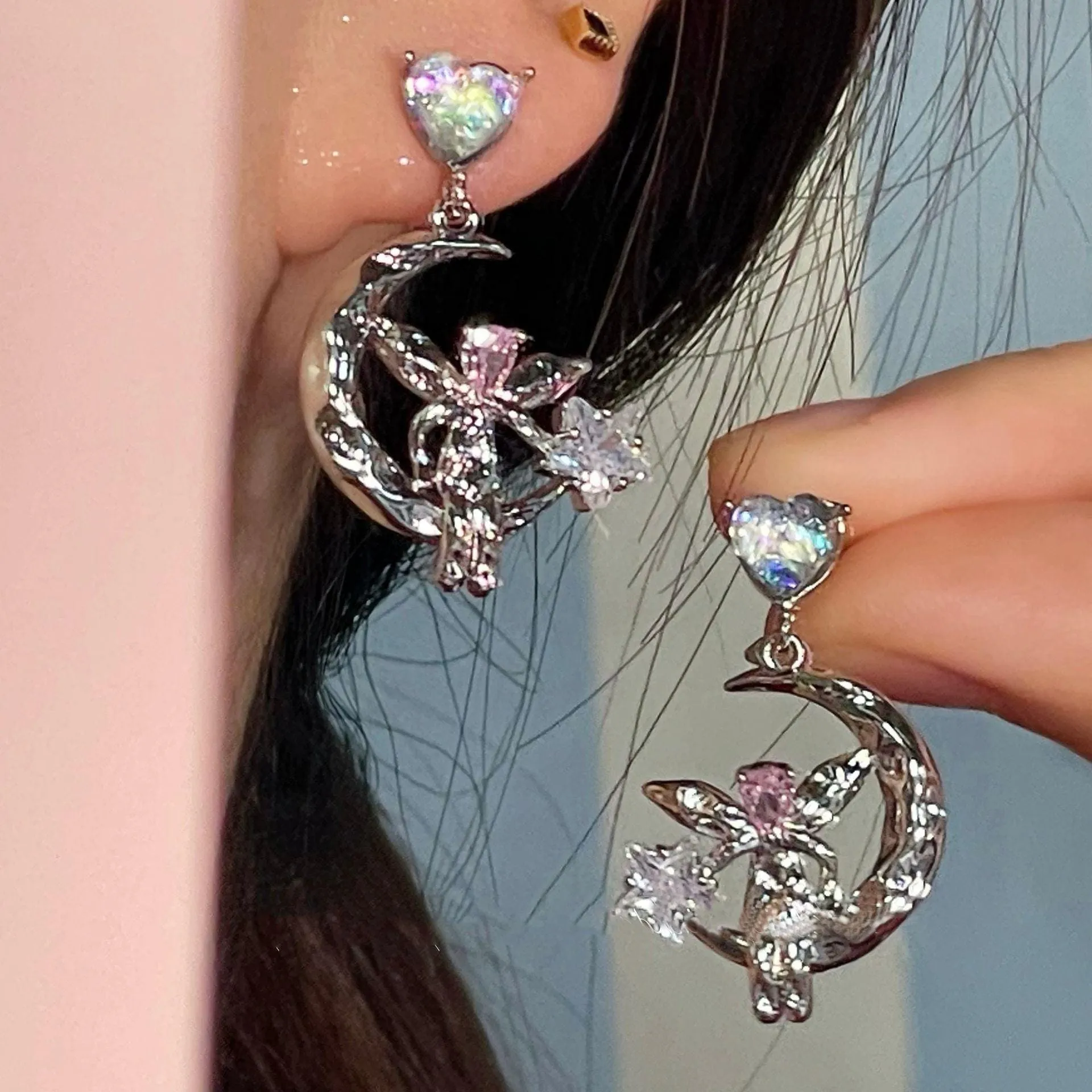 Dainty CZ Inlaid Heart Dangling Moon Star Elf Earrings