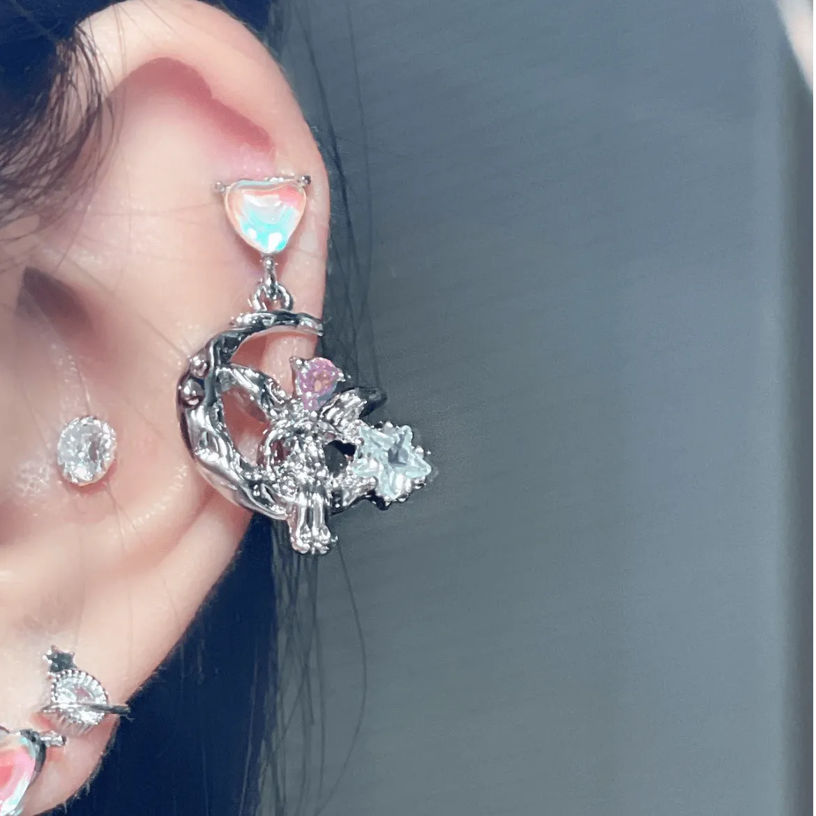 Dainty CZ Inlaid Heart Dangling Moon Star Elf Earrings