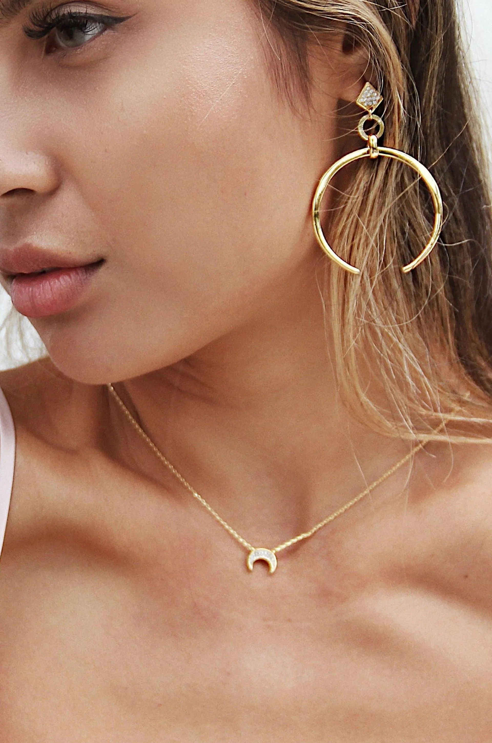Dainty Layered Crescent Moon 18k Gold Plated Necklace Set