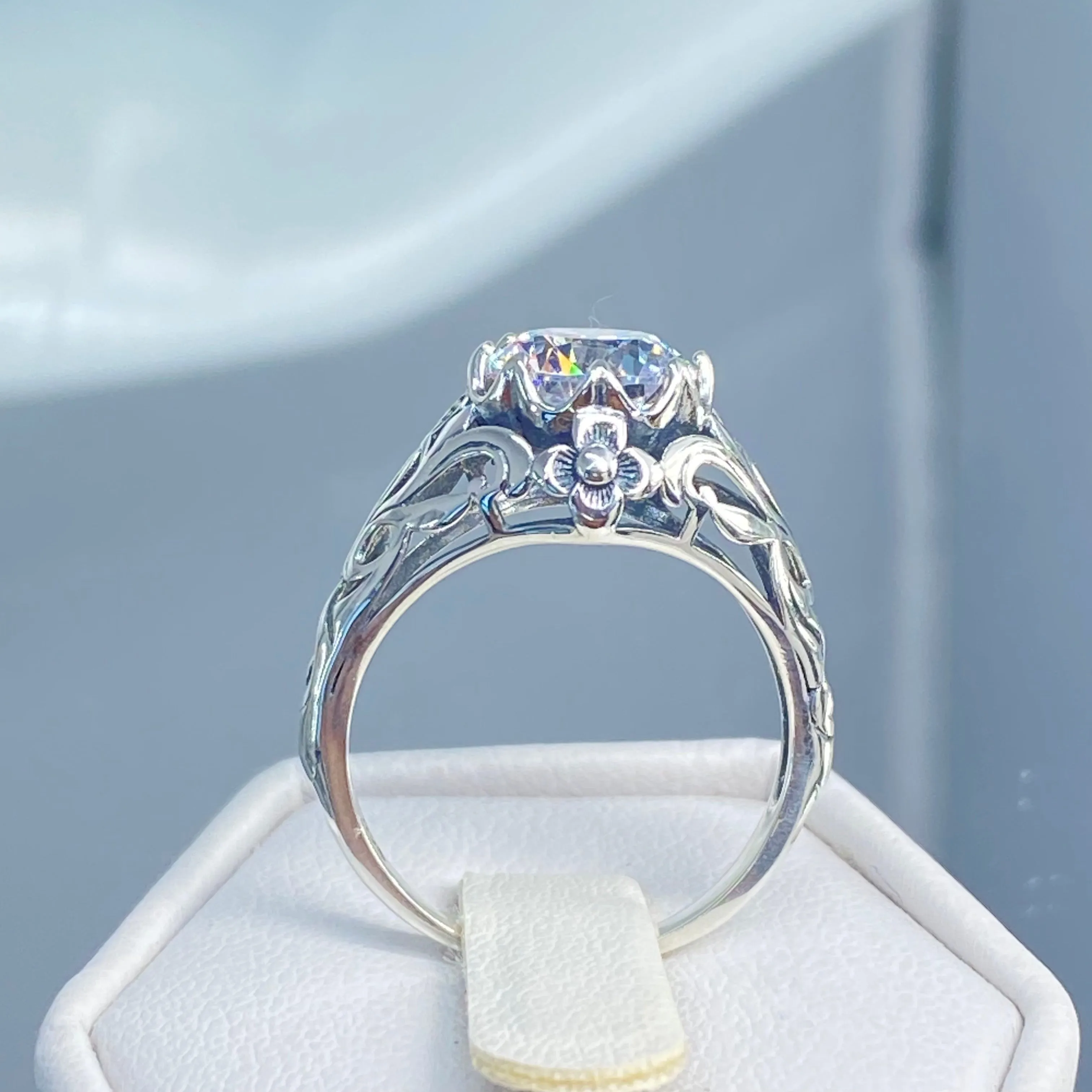 Daisy Ring, Moissanite or White Cubic Zirconia (CZ) Victorian Jewelry #D66