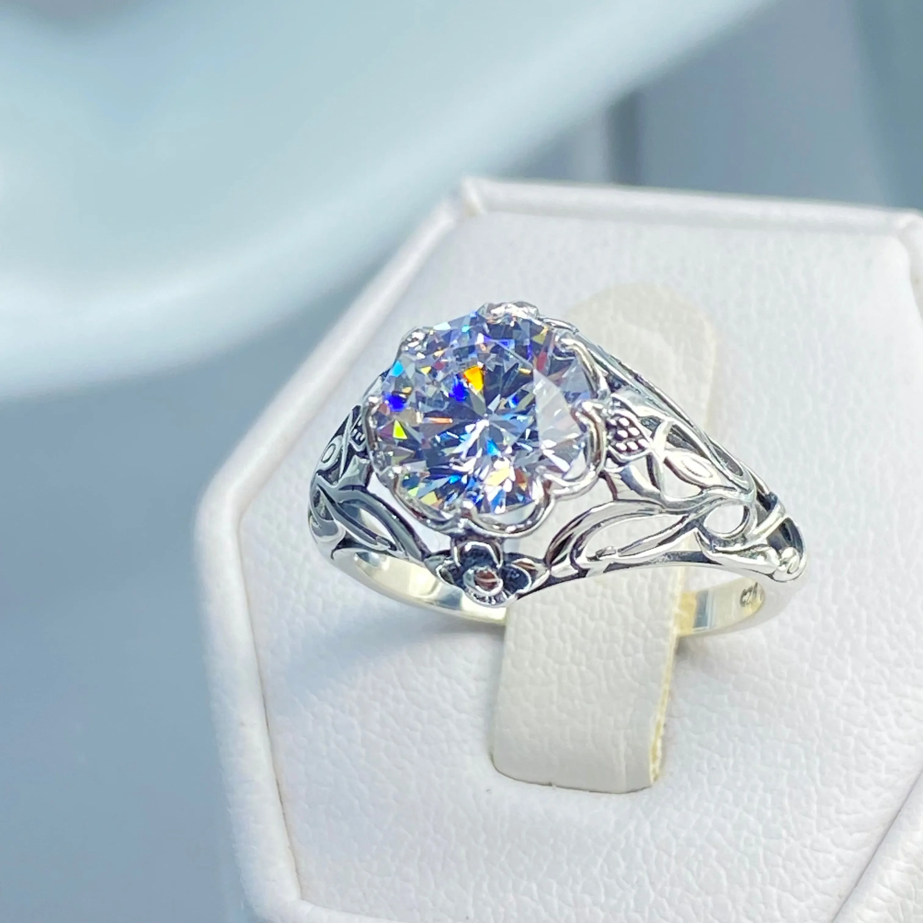 Daisy Ring, Moissanite or White Cubic Zirconia (CZ) Victorian Jewelry #D66