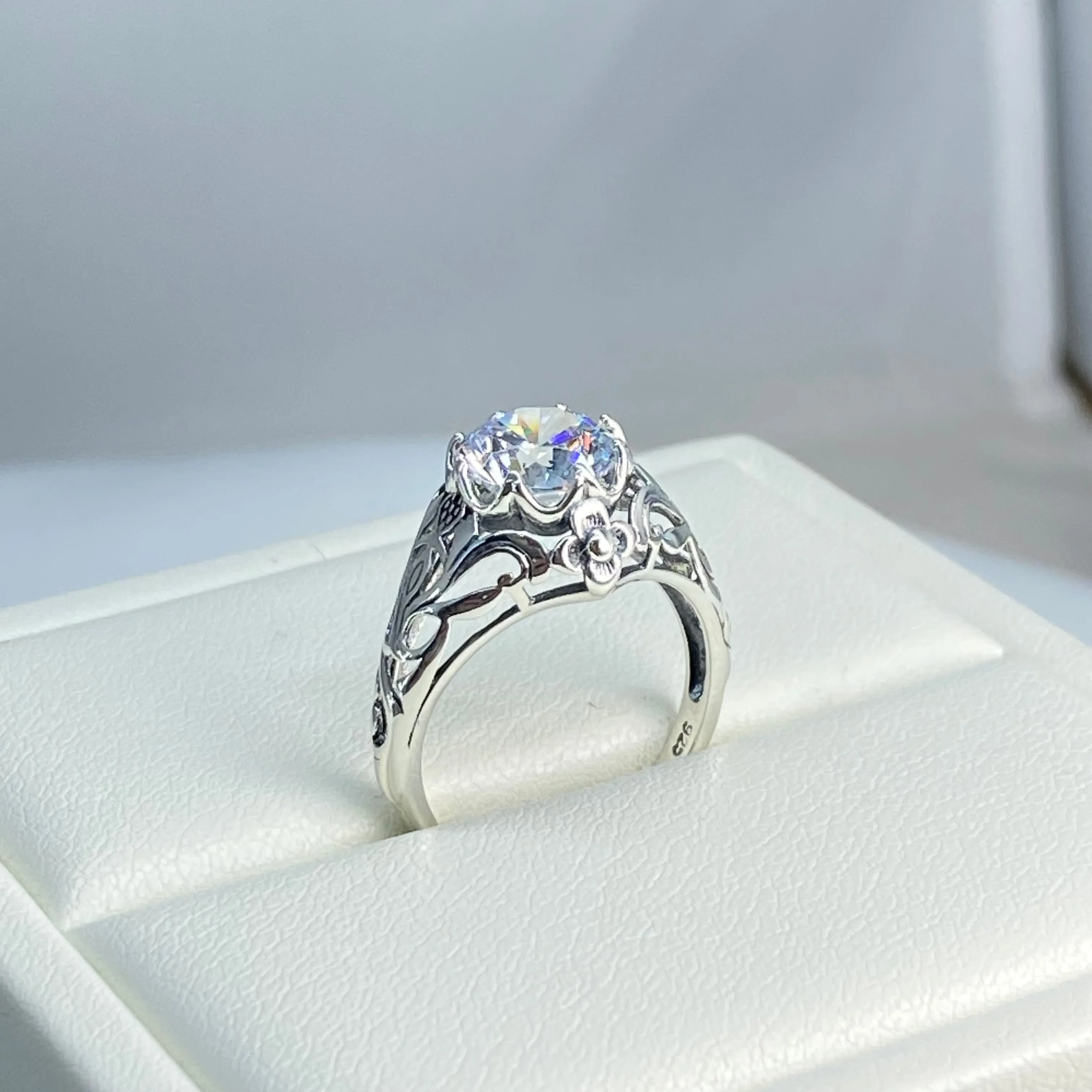 Daisy Ring, Moissanite or White Cubic Zirconia (CZ) Victorian Jewelry #D66