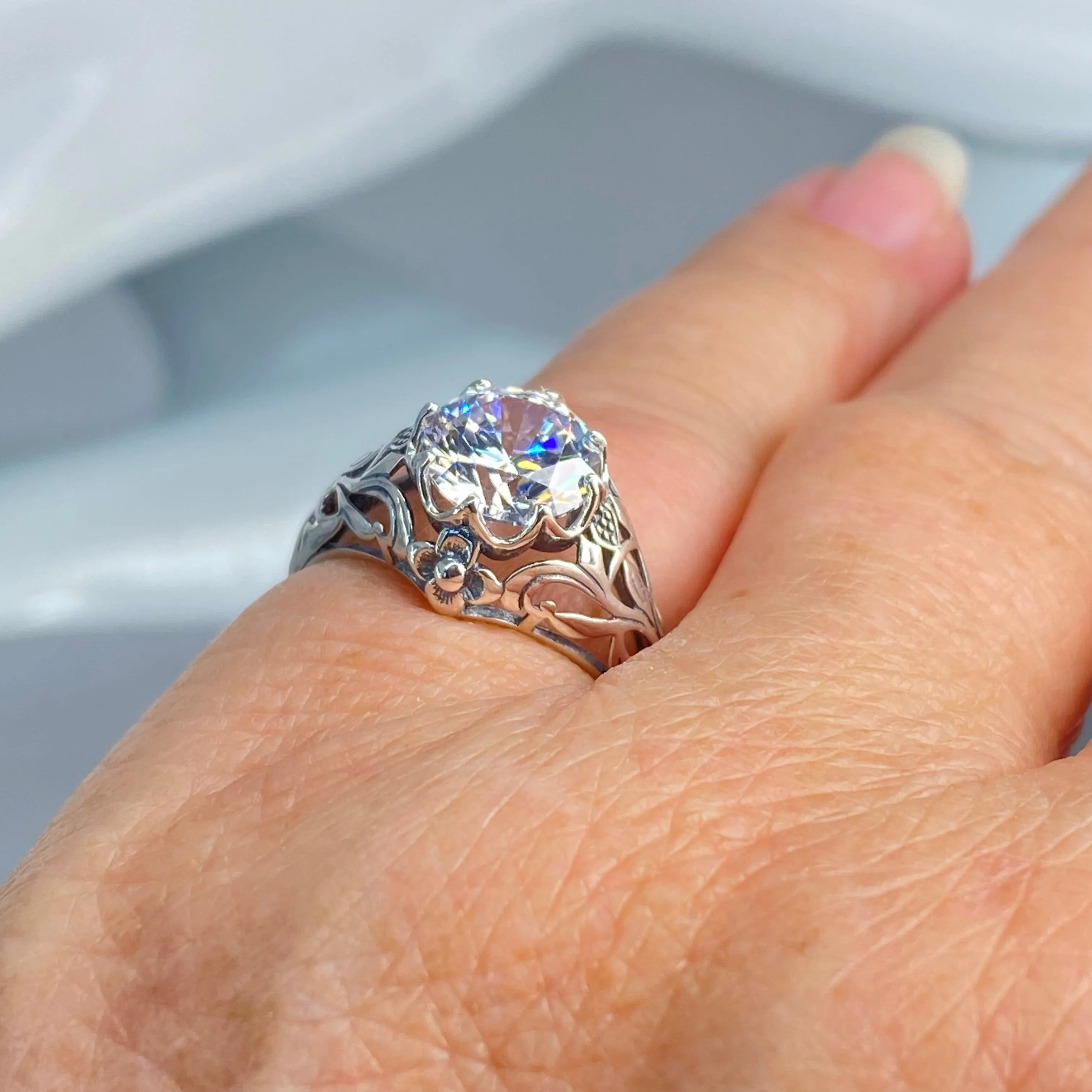 Daisy Ring, Moissanite or White Cubic Zirconia (CZ) Victorian Jewelry #D66