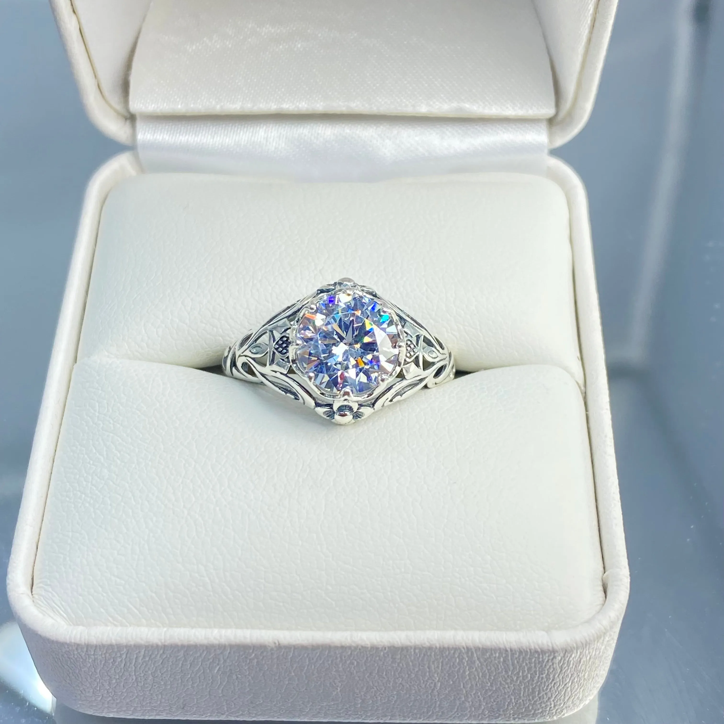 Daisy Ring, Moissanite or White Cubic Zirconia (CZ) Victorian Jewelry #D66