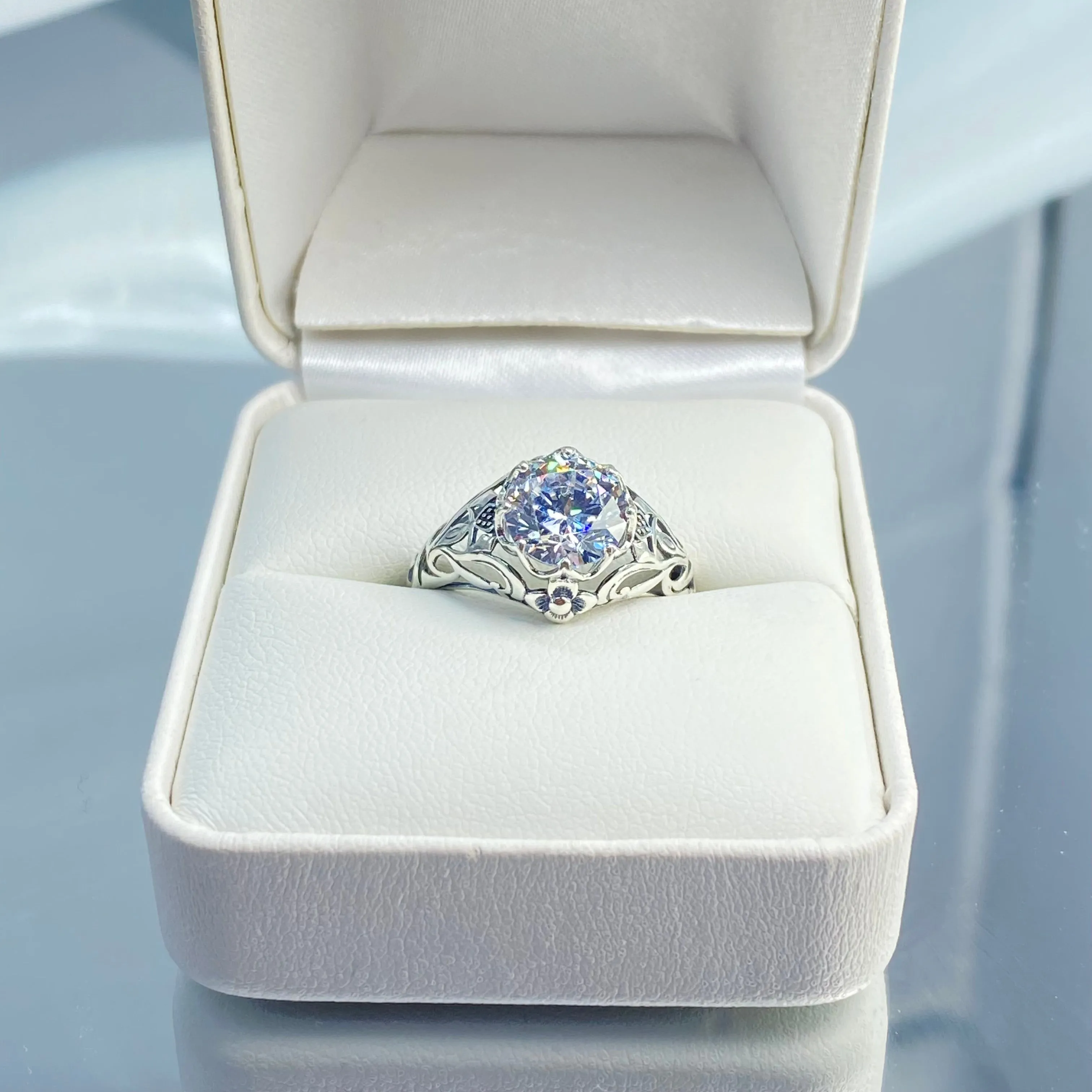 Daisy Ring, Moissanite or White Cubic Zirconia (CZ) Victorian Jewelry #D66