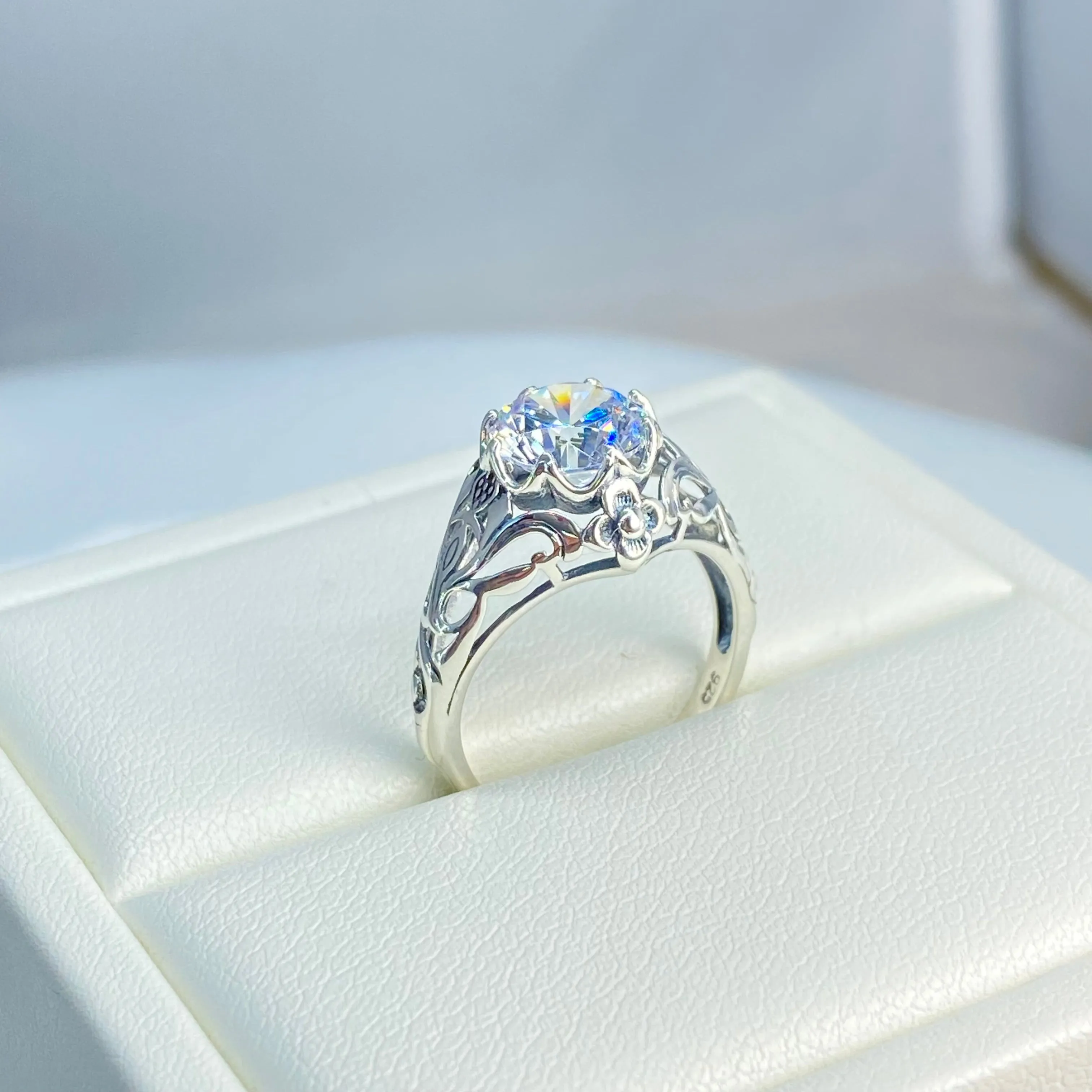 Daisy Ring, Moissanite or White Cubic Zirconia (CZ) Victorian Jewelry #D66