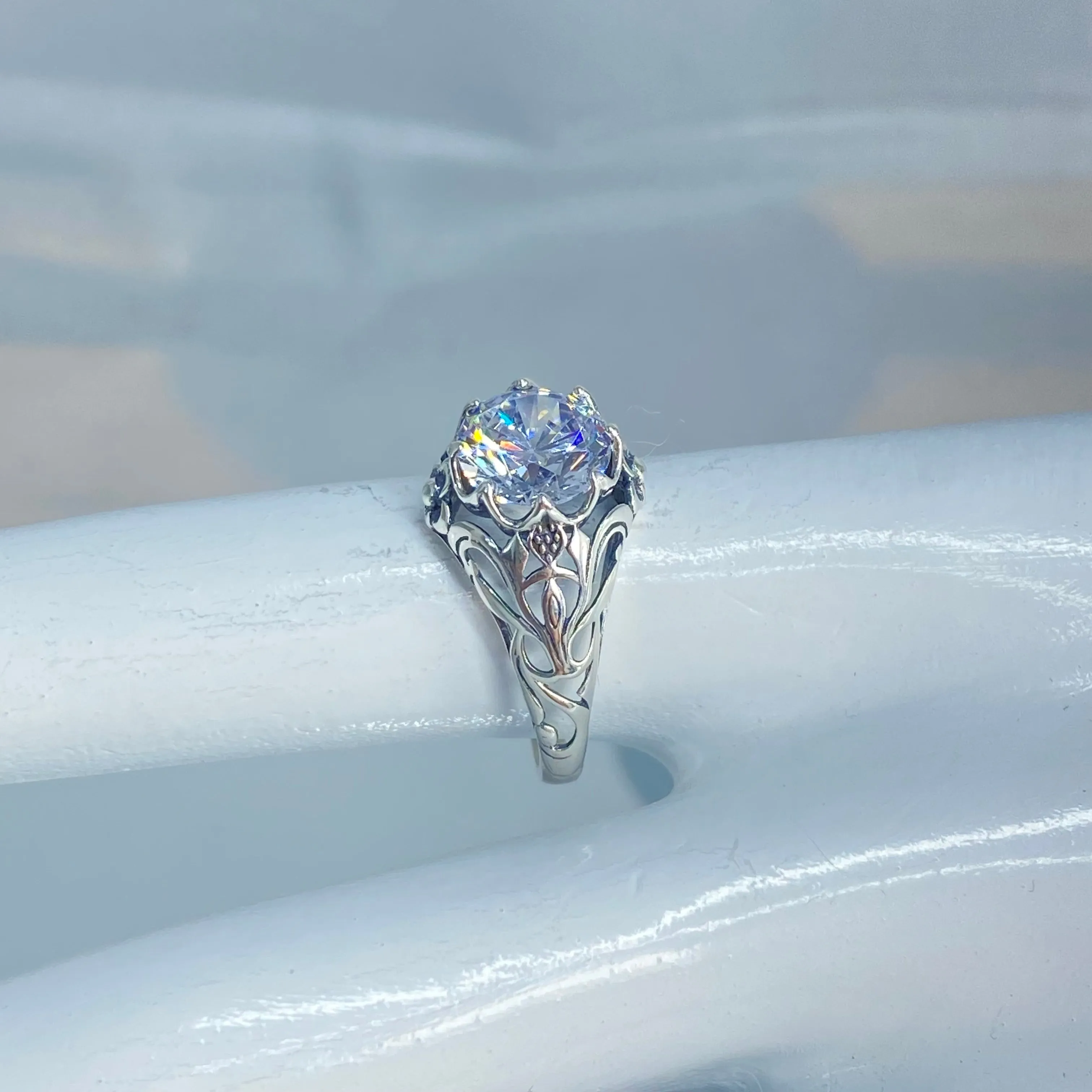 Daisy Ring, Moissanite or White Cubic Zirconia (CZ) Victorian Jewelry #D66