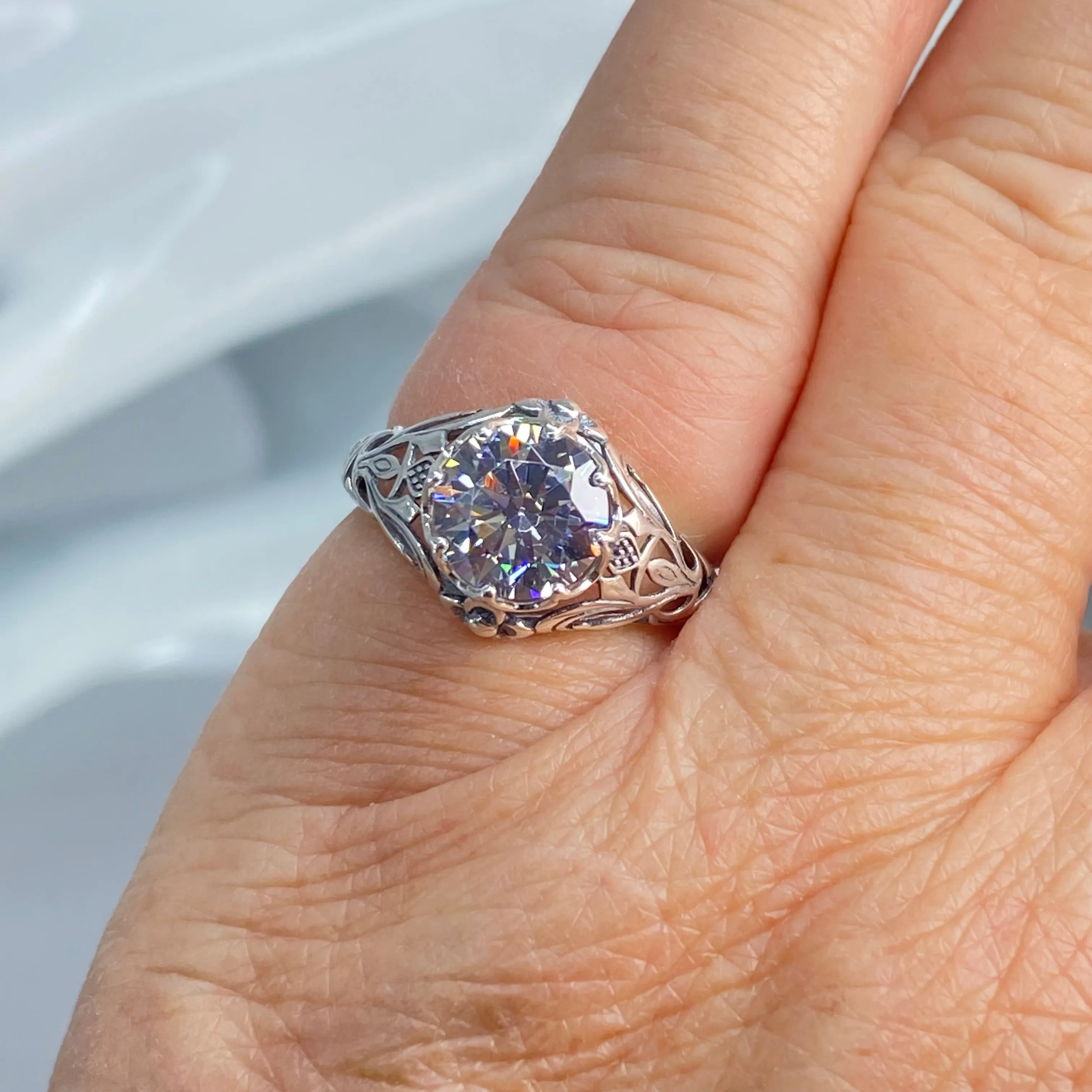Daisy Ring, Moissanite or White Cubic Zirconia (CZ) Victorian Jewelry #D66